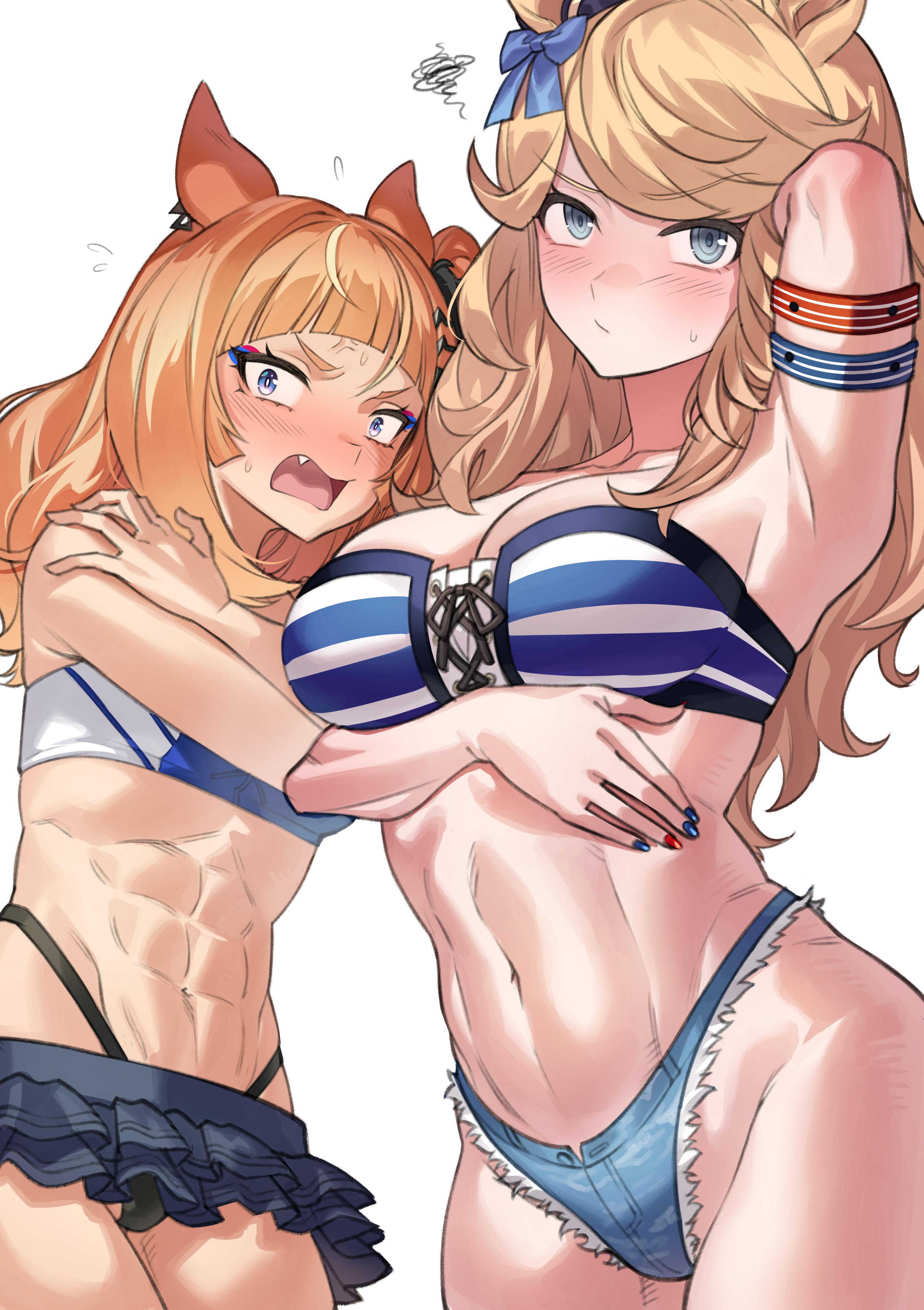 2girls, arm behind head, arm up, armpits, bandeau, bandeau bikini, bikini skirt, black bikini, blonde hair, blue bikini, blue eyes, brown hair, cleavage, closed mouth, denim bikini, embarrassed, espoir city (umamusume), fang, female, female only, gold city (umamusume), grey bikini, gyaru, large breasts, long hair, looking at viewer, multicolored hair, multicolored nails, nail polish, navel, nukunuku564, open mouth, stomach, thighs, toned female, umamusume, umamusume pretty derby, wide eyed