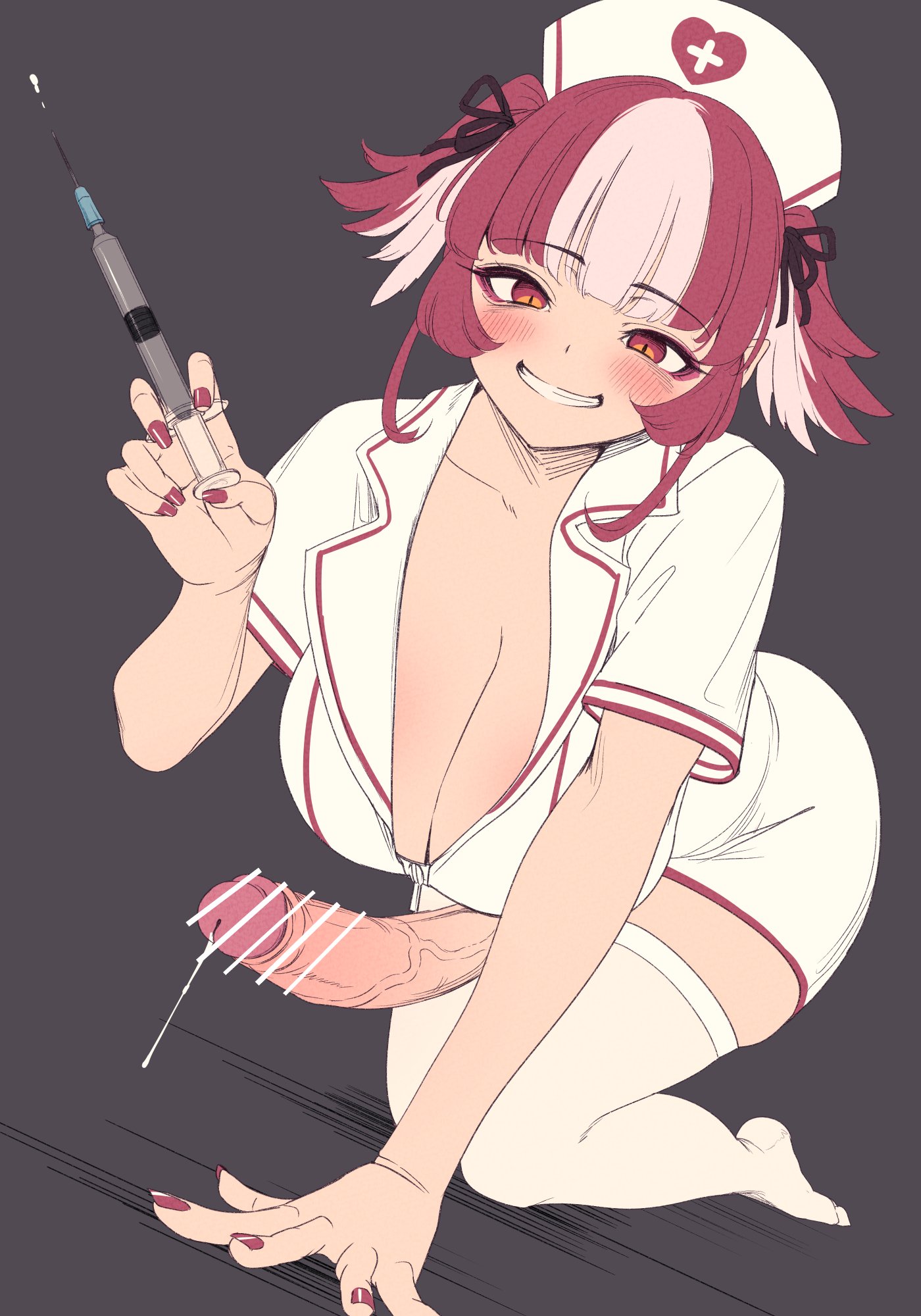 1futa, censor bar, censored, clothed, cock dripping, futanari, long penis, looking at viewer, nekoarashi, nurse cap, nurse uniform, on fours, penis, precum, precum drip, solo, yana (nekoarashi)