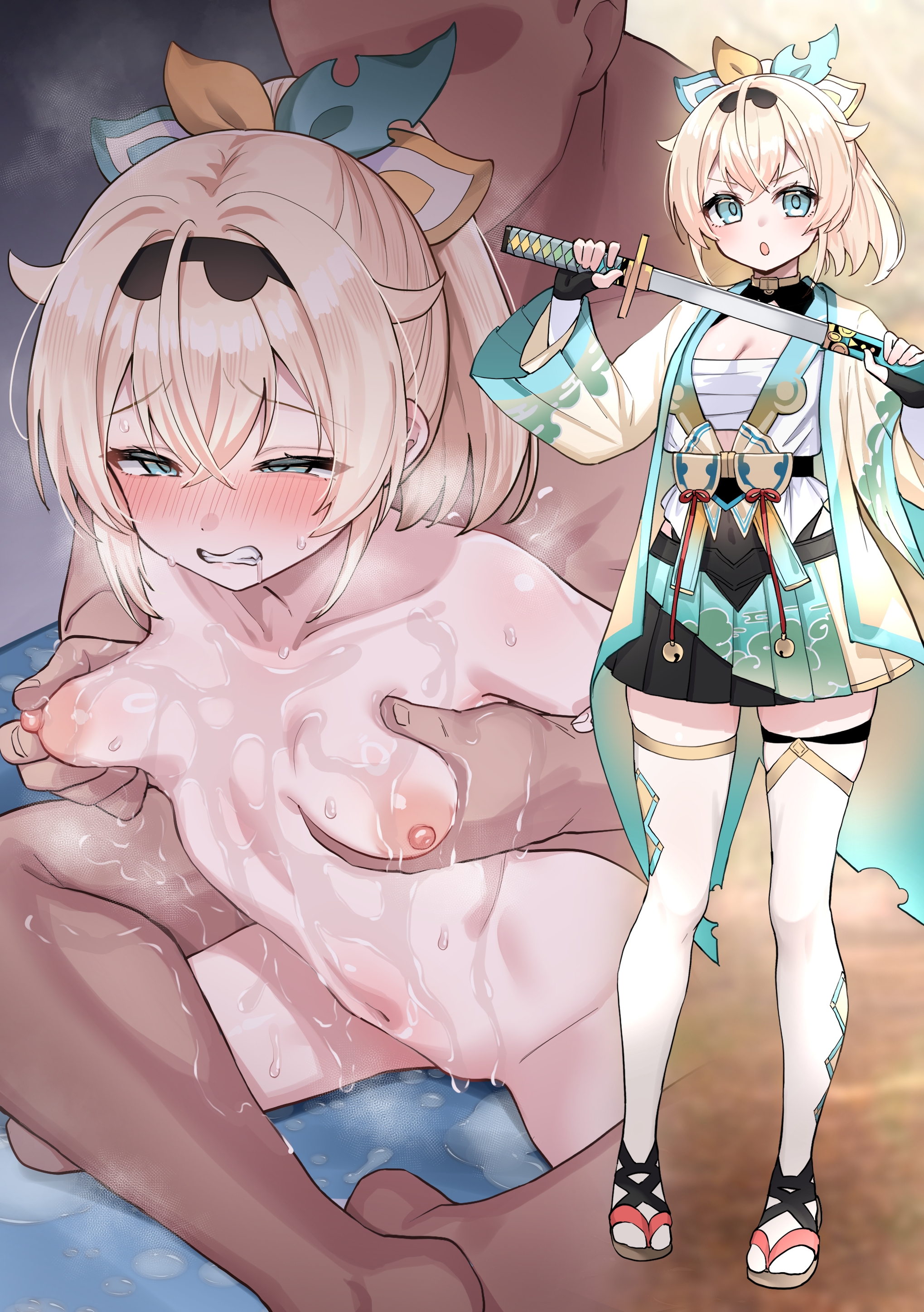 1boy, 1girl, aqua eyes, bald, bar censor, black gloves, blonde hair, blue eyes, blush, boy on top, breasts, chest sarashi, clenched teeth, clothing, completely nude, covering breasts, covering privates, dark-skinned male, erection, faceless, faceless male, female, fingerless gloves, gloves, grabbing, grabbing another's breast, grabbing from behind, grin, hair between eyes, hair ornament, hairband, half-closed eyes, haori, hetero, holding, holding sword, holding weapon, hololive, japanese clothes, katana, kazama iroha, kazama iroha (1st costume), kokemomo (makesound), large breasts, legwear, looking at viewer, lotion, lotion bottle, lying, male, medium breasts, missionary, multiple views, navel, nipple stimulation, nipple tweak, nipples, nude, on back, one eye closed, open mouth, penis, ponytail, pouring, pouring onto self, reverse upright straddle, samurai, sarashi, sex, sex from behind, sheath, sitting, sitting on lap, sitting on person, skirt, small breasts, smile, solo focus, standing, sweat, sword, teeth, thighhighs, torogao, unsheathing, vaginal, virtual youtuber, weapon, white thighhighs