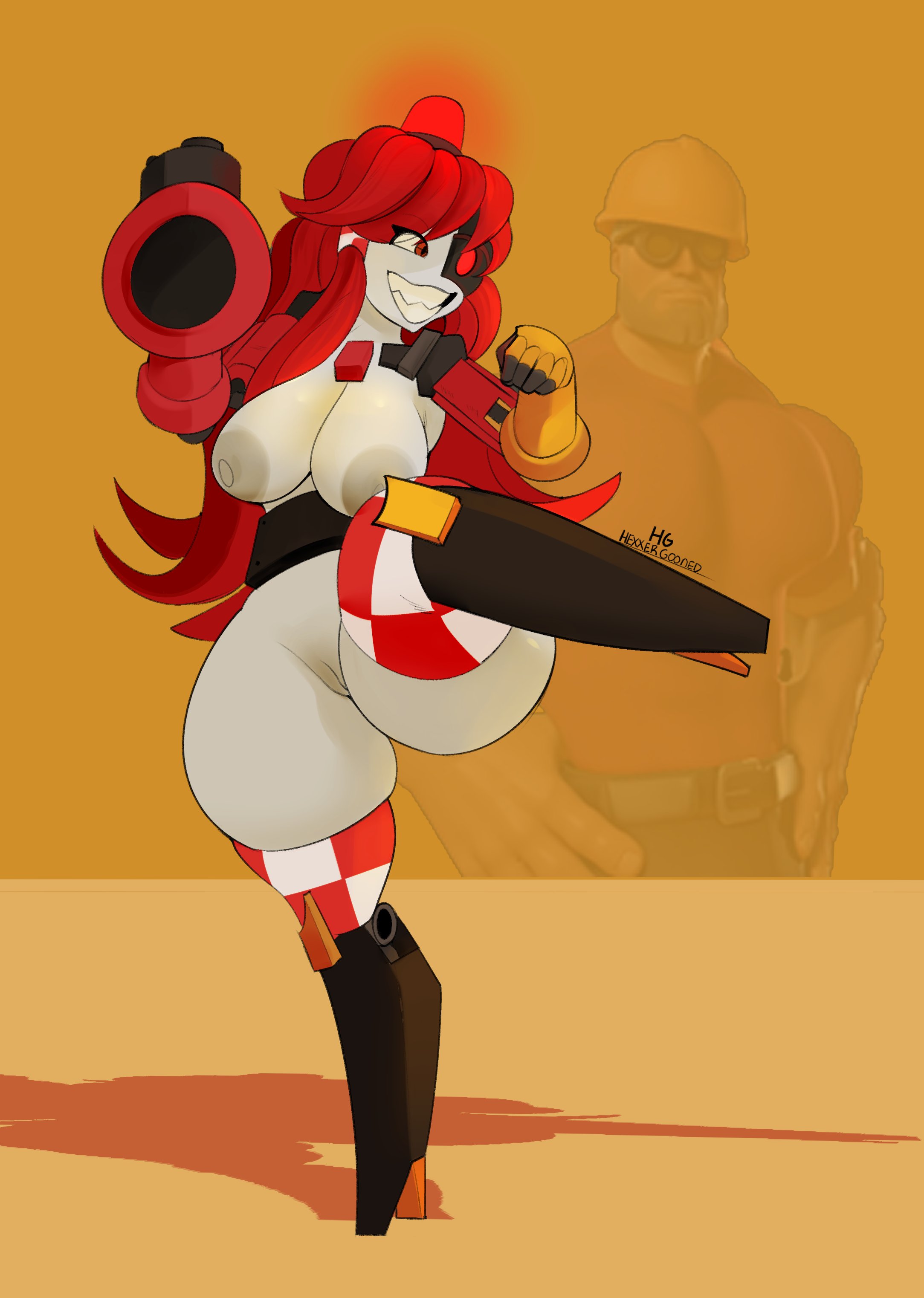 1boy, 1boy1girl, 1girl, 1girls, ass, boobs, boobs out, curvaceous, curvy, curvy female, curvy figure, engineer (team fortress 2), fat ass, hexxergooned, kicking, mimi sentry, one leg up, pussy, red hair, sentry (team fortress 2), sentry turret, sharp teeth, team fortress 2, tf2, tits, tits out, visible pussy