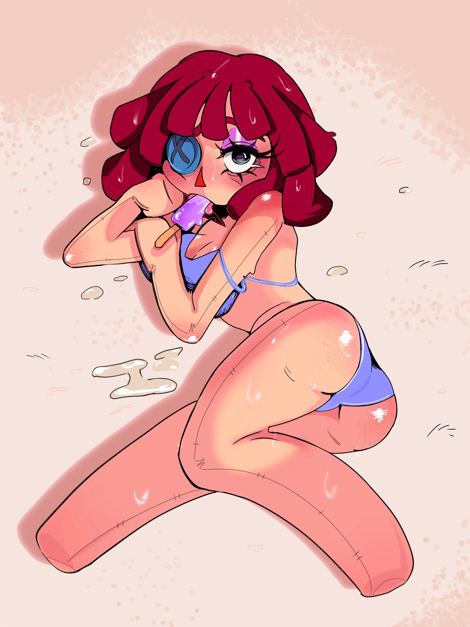 1girls, beach, beach background, blush, blushing, blushing at viewer, eating, female, female only, ice cream, looking at viewer, popsicle, ragatha, ragatha (beach outfit), ragatha (the amazing digital circus), red hair, solo, suggestive, tagme, tagme (artist), the amazing digital circus
