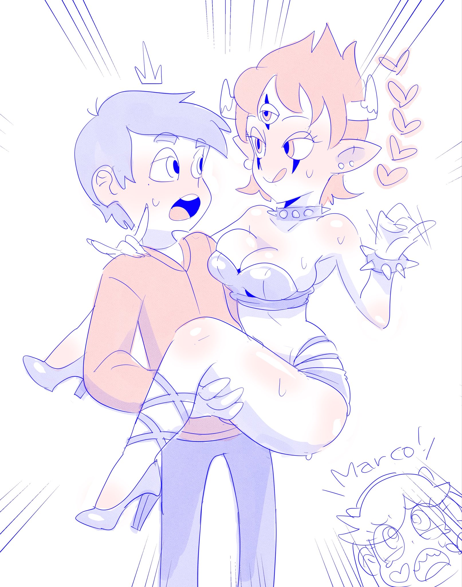 404error, blush, collar, crossgender, cuckquean, demon girl, earrings, marco diaz, netorare, ntr, rule 63, star butterfly, star vs the forces of evil, studded collar, three eyes, tom lucitor, white background