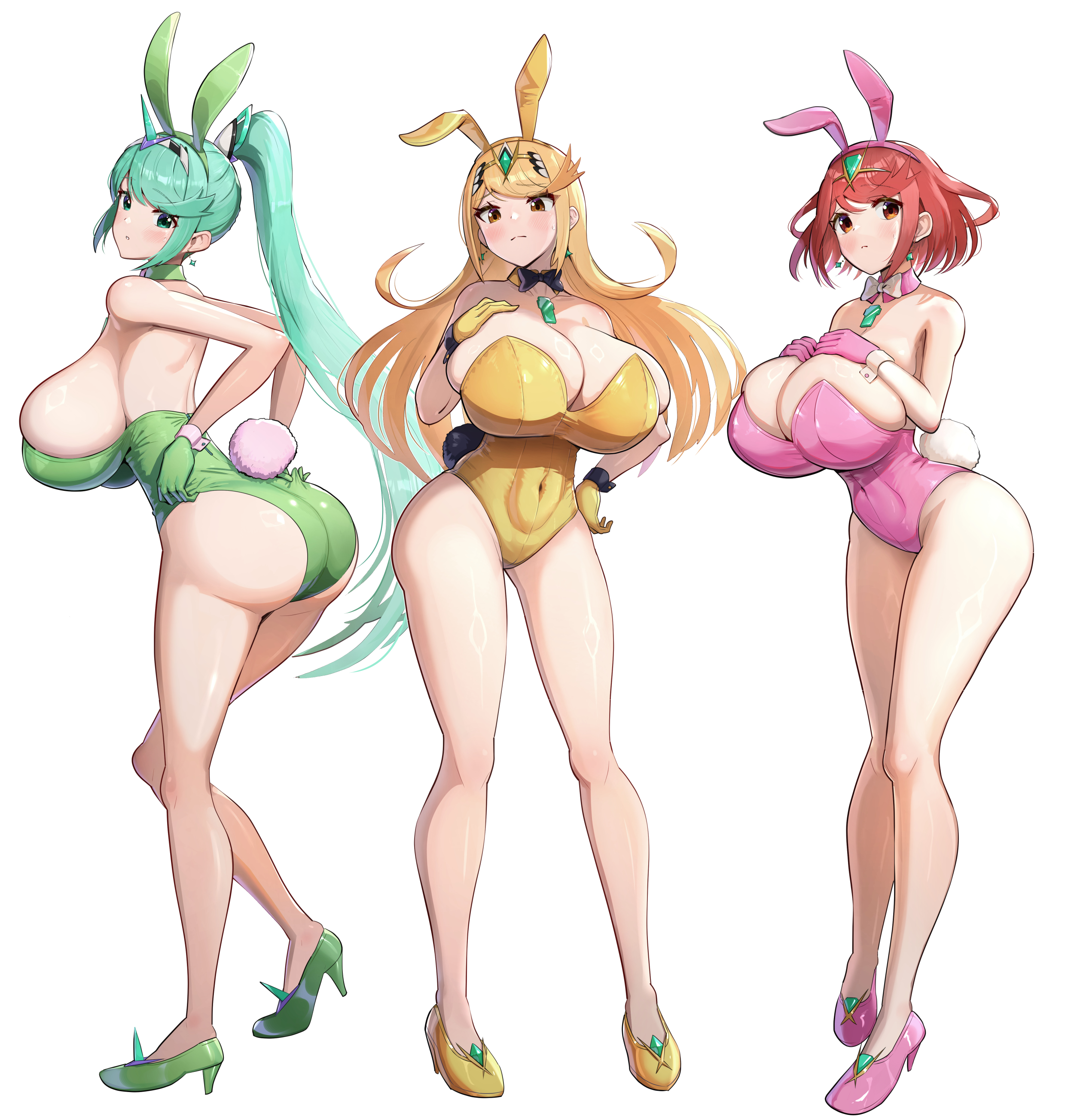 3girls, absurdres, alternate breast size (larger), alternate costume, animal ear hairband, animal ears, ass, bare shoulders, black bow, black bowtie, blonde hair, blush, bow, bowtie, breasts, bunny ears, bunny girl, bunnysuit, chest jewel, cleavage, closed mouth, collarbone, commentary request, core crystal (xenoblade), covered navel, detached collar, earrings, fake animal ears, fake tail, full body, gloves, gonzarez, green eyes, green gloves, green hair, green hairband, green leotard, hairband, headpiece, high heels, highres, huge breasts, jewelry, leotard, long hair, looking at viewer, multiple girls, mythra, mythra (xenoblade), parted lips, pink gloves, pink hairband, playboy bunny, pneuma (xenoblade), ponytail, pyra (xenoblade), rabbit ear hairband, rabbit ears, rabbit tail, red eyes, red hair, shoes, short hair, simple background, skindentation, strapless, strapless leotard, swept bangs, tail, tiara, very long hair, white background, white bow, white bowtie, wrist cuffs, xenoblade chronicles (series), xenoblade chronicles 2, yellow eyes, yellow gloves, yellow hairband, yellow leotard