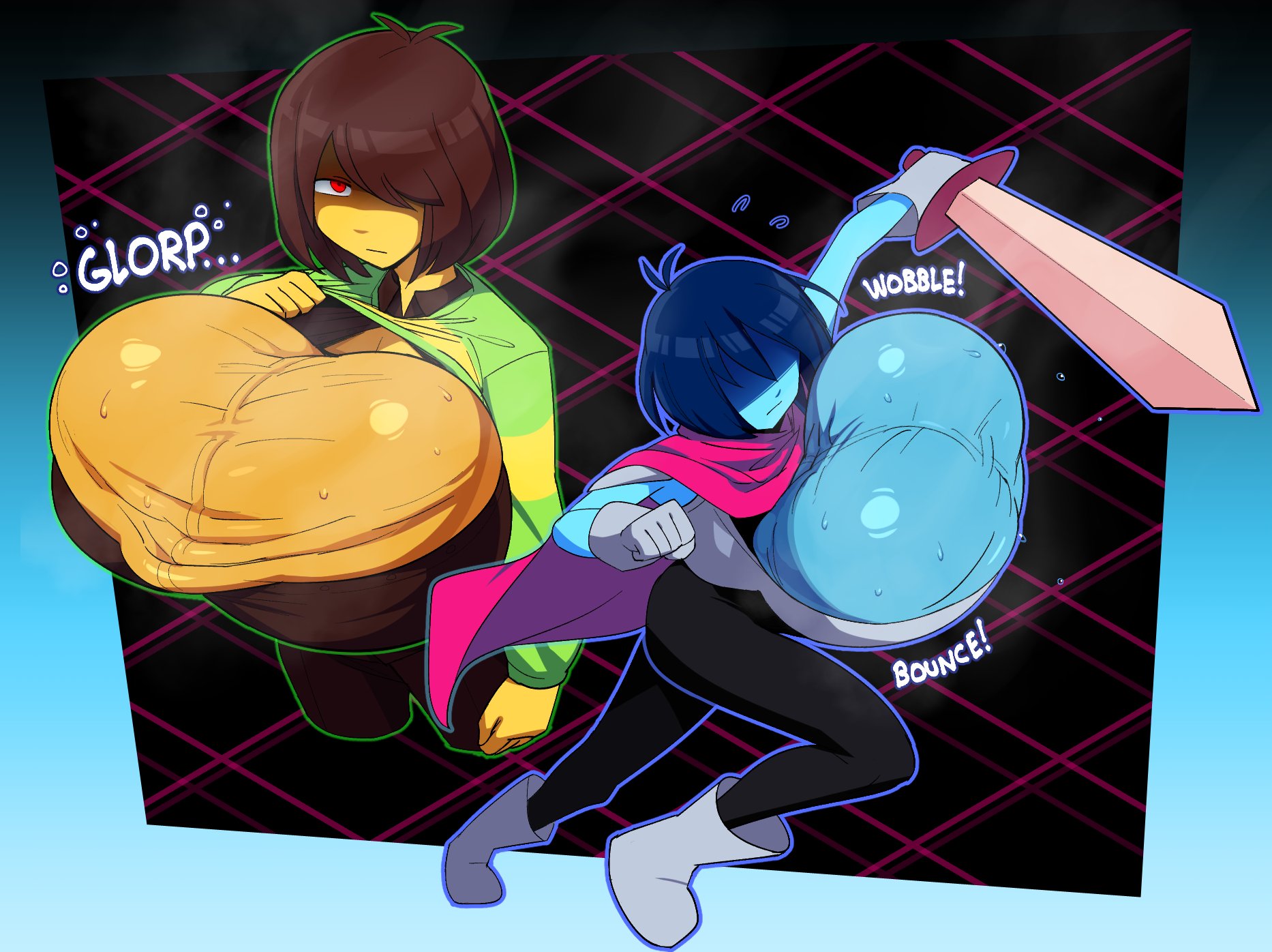 ballbies, balls, balls as breasts, balls bigger than head, balls focus, balls sound effects, blue hair, blue skin, breasticles, brown hair, chesticles, deltarune, femboy, full body, gigantic balls, hair over one eye, hi res, highres, hyper balls, kris (dark world form), kris (deltarune), kris (light world form), looking at viewer, male, male only, octoboy, onomatopoeia, open shirt, red eyes, scrotal raphe, sword, undertale, undertale (series), yellow skin
