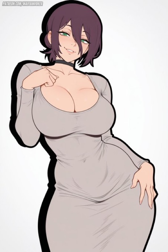 1girls, 2d, 2d (artwork), ai generated, big boobs, big breasts, breasts, chainsaw man, cleavage, clothing, curvy, curvy female, curvy figure, dress, female only, green eyes, grey dress, hair bun, hand on hip, hi res, huge breasts, light skin, light-skinned female, looking at viewer, purple hair, reze (chainsaw man), seductive, seductive look, sexy, solo, voluptuous, voluptuous female, waifuinvoker, wide hips