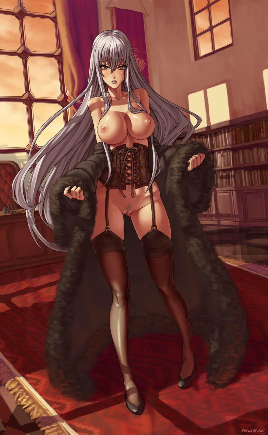 1girls bare_shoulders blush breasts clothes_down clothing clothing_down corset female fur_coat garter_straps garters highres huge_breasts large_breasts legs lips long_hair lowleg nipples no_panties nude pubic_hair red_eyes sefuart selvaria_bles silver_hair solo stockings thighhighs valkyria_chronicles valkyria_chronicles_1 very_long_hair white_hair