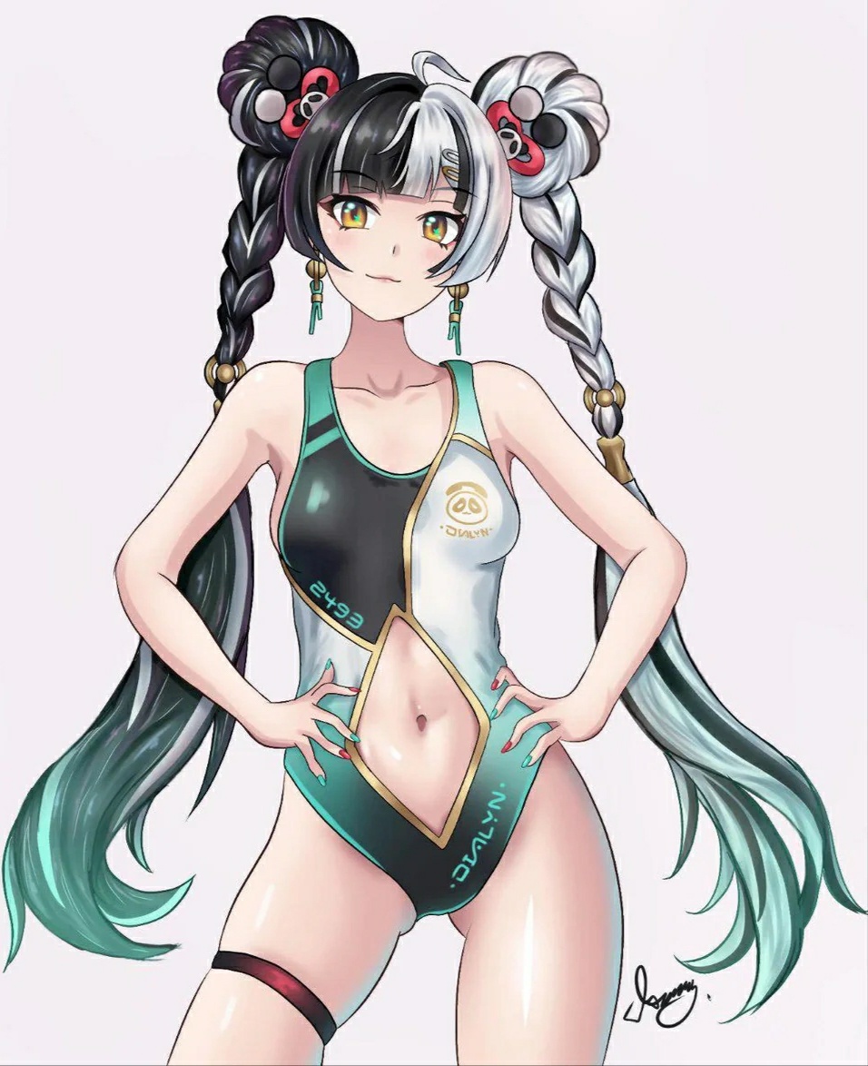1girls, competition swimsuit, dialyn (zenless zone zero), female, female only, long hair, one-piece swimsuit, smile, solo, two-tone hair, zenless zone zero