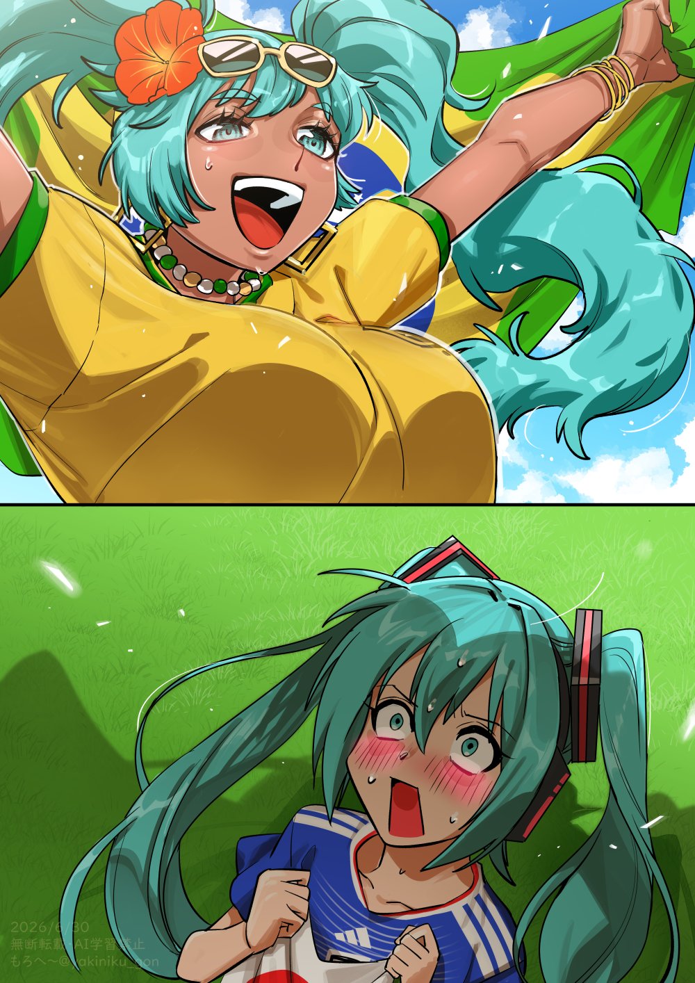 2026 fifa world cup, 2girls, aqua hair, bracelet, brazil, brazilian flag, brazilian flag print, brazilian miku, breast awe, breast shadow, breasts, dark skin, dark-skinned female, earrings, eyewear on head, flag, flag print, flower, guarana antarctica, hair flower, hair ornament, hatsune miku, highres, holding, holding flag, japan, jewelry, large breasts, long hair, looking at breasts, multiple bracelets, multiple girls, open mouth, outstretched arms, personification, shadow, shirt, smile, soccer uniform, sportswear, sunglasses, sunglasses on head, sweat, sweatdrop, tan, tanline, twintails, vocaloid, white-framed eyewear, world cup, yellow shirt