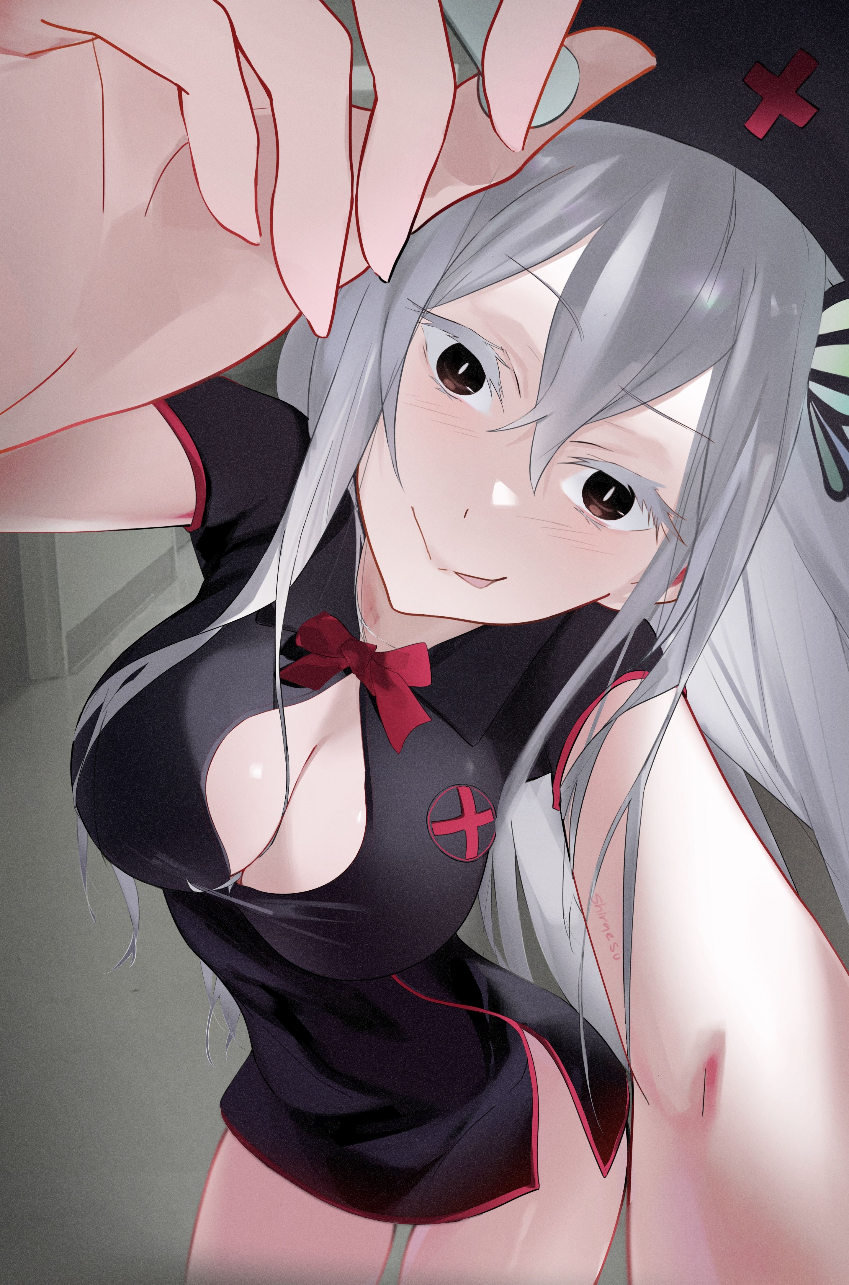 1girls, 2d, 2d (artwork), 2d artwork, adult, adult female, anime, anime character, big boobs, big breasts, black clothes, black dress, black outfit, black topwear, breasts, brown eyes, brown-eyed female, busty, busty female, busty girl, butterfly, butterfly hair ornament, butterfly ornament, cleavage, closed mouth smile, clothes, digital, digital art, digital drawing, digital drawing (artwork), digital media, digital media (artwork), drawing, dress, echidna (re:zero), eyebrows visible through hair, fanart, female, female focus, female only, fingers, hair between eyes, head tilt, indoor, indoor background, indoors, interior background, large boobs, large breasts, lean figure, leaning, leaning forward, long hair, looking at viewer, manga character, mature, mature female, mature woman, narrow waist, nurse, nurse cap, nurse clothes, nurse clothing, nurse costume, nurse dress, nurse hat, nurse outfit, nurse uniform, outfit, portrait, re:zero kara hajimeru isekai seikatsu, shiraesu, shoulders, slender body, slender waist, slim female, slim waist, smile, smiley face, smiling, smiling at viewer, solo, thighs, tilted head, topwear, upper body, white eyelashes, white fox (studio), white hair, white pupils, white-haired female, wide hips, witch, woman