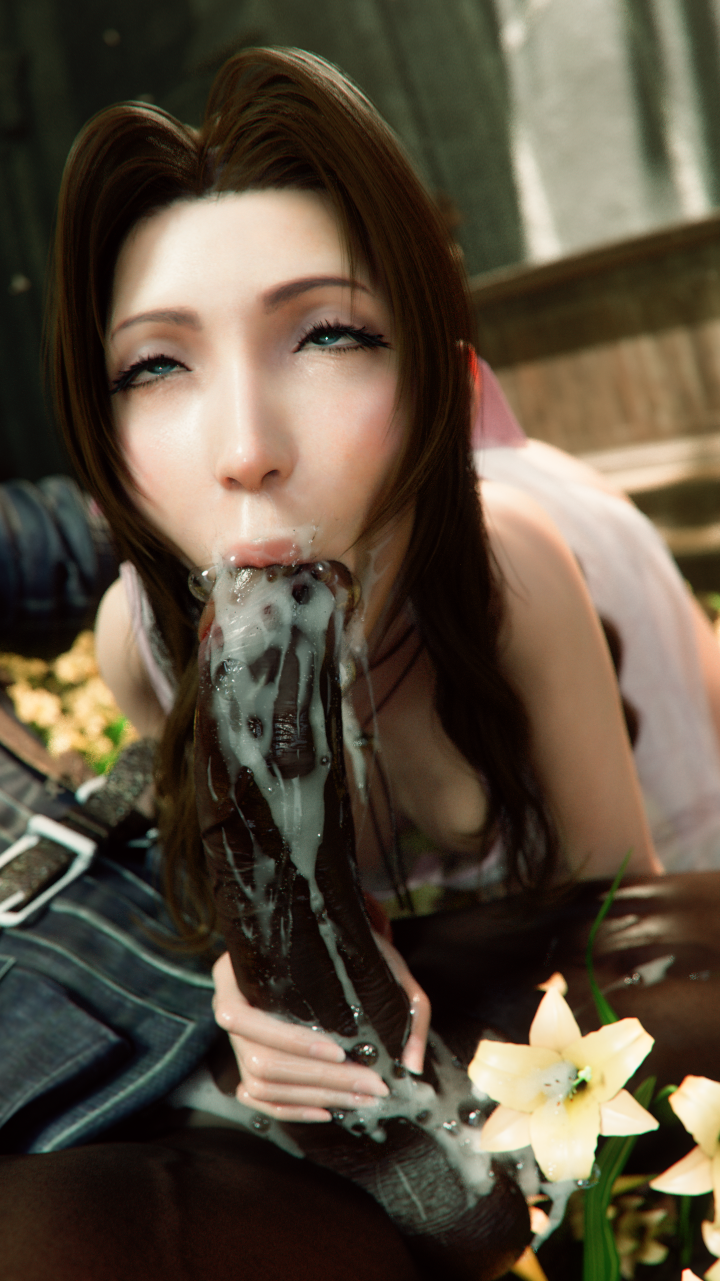 1boy, 1girls, 2026, 3d, aerith gainsborough, balls, black male, black male white female, blowjob, blue eyes, bottomless, bottomless female, brunette, bubble, closeup, cock worship, cum, cum bubble, cum on face, dark skin, dark-skinned male, dress, dress lift, erection, european female, excessive cum, eyes rolling back, facial, fat ass, fellatio, female, final fantasy vii, final fantasy vii remake, flower, grabbing ass, huge cock, innocent, interracial, just the tip, leeterr, light skin, light-skinned female, long hair, male, male/female, necklace, no panties, oral, oral creampie, pale skin, pale-skinned female, penis, penis in mouth, race mix, scrotum, skin contrast, skin tone difference, sloppy, sloppy blowjob, sucking penis, testicles, thick thighs, vacuum fellatio, white female, white girl, wrinkly balls