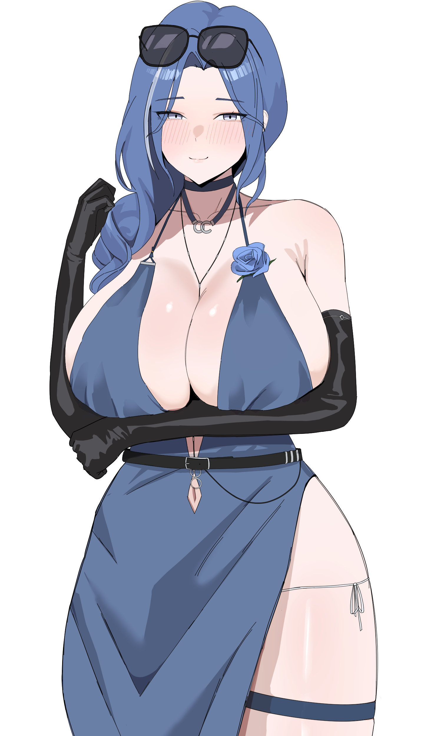 1girl, absurdres, arm under breasts, backless dress, backless outfit, bare shoulders, belt, black belt, black gloves, blue choker, blue dress, blue flower, blue hair, blue rose, blush, breasts, choker, cleavage, closed mouth, clothing cutout, collarbone, commentary, commentary typo, cowboy shot, dp-12 (girls' frontline), dress, dress flower, elbow gloves, evening gown, eyewear on head, flower, furon00, girls' frontline, girls' frontline 2: exilium, gloves, grey eyes, hair over shoulder, halter dress, halterneck, helen (girls' frontline 2), helen (starlit waltz) (girls' frontline 2), highres, jewelry, large breasts, long hair, looking at viewer, navel, navel cutout, necklace, official alternate costume, panties, parted bangs, party dress, rose, side-tie panties, sidelocks, simple background, skindentation, smile, solo, standing, sunglasses, thigh strap, underwear, white background