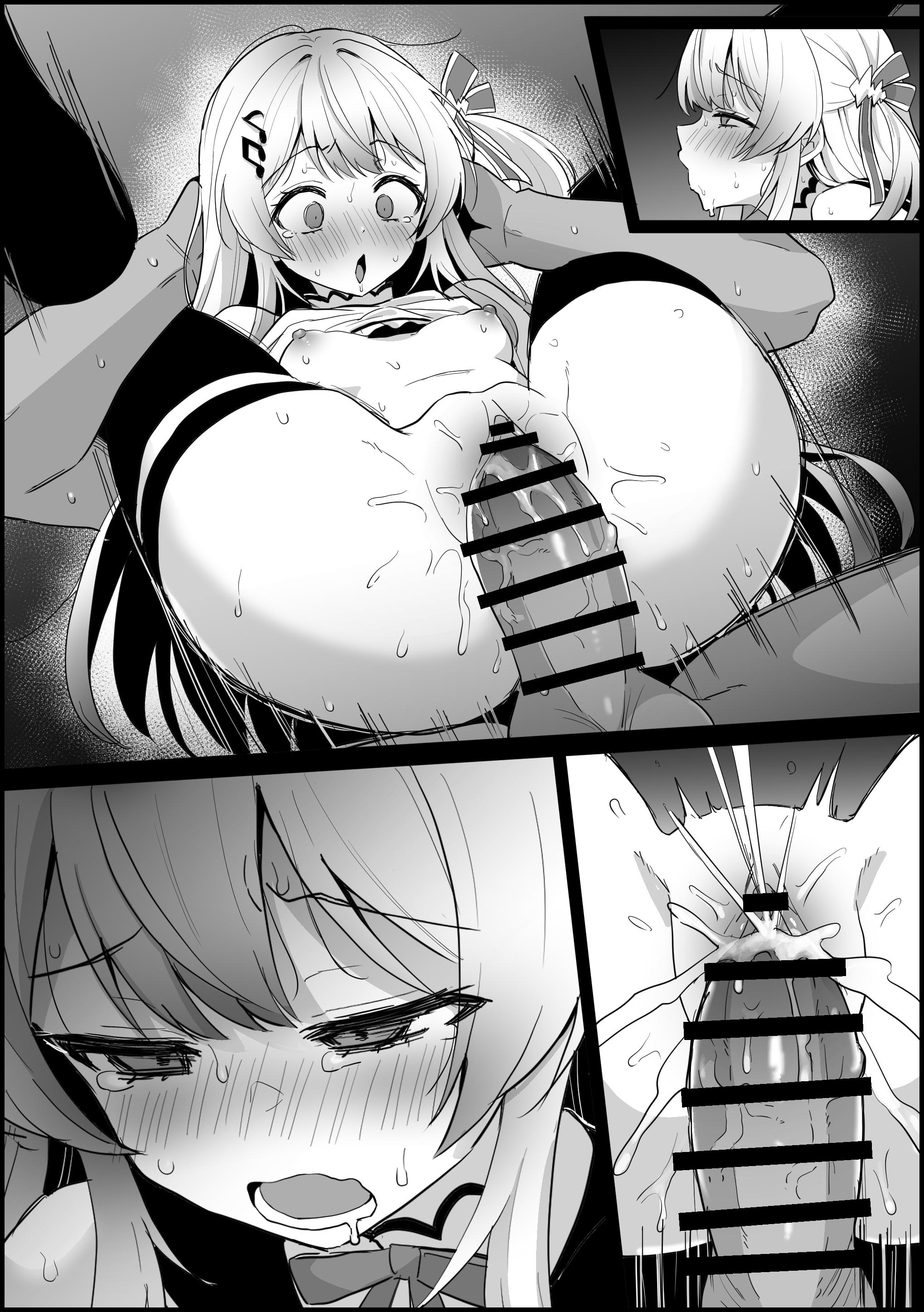 1boy, 1girl, bar censor, blush, bow, breasts, clothing, cum, cum in pussy, dashed eyes, female, female orgasm, folded, full nelson, hair ornament, hetero, hololive, hololive dev is, kokemomo (makesound), leg grab, legs over head, long hair, looking at penis, male, musical note, musical note hair ornament, nipples, nude, open mouth, otonose kanade, penis, pussy, reverse suspended congress, sex, sex from behind, small breasts, solo focus, spread legs, tears, testicles, thighhighs, tongue, vaginal, virtual youtuber