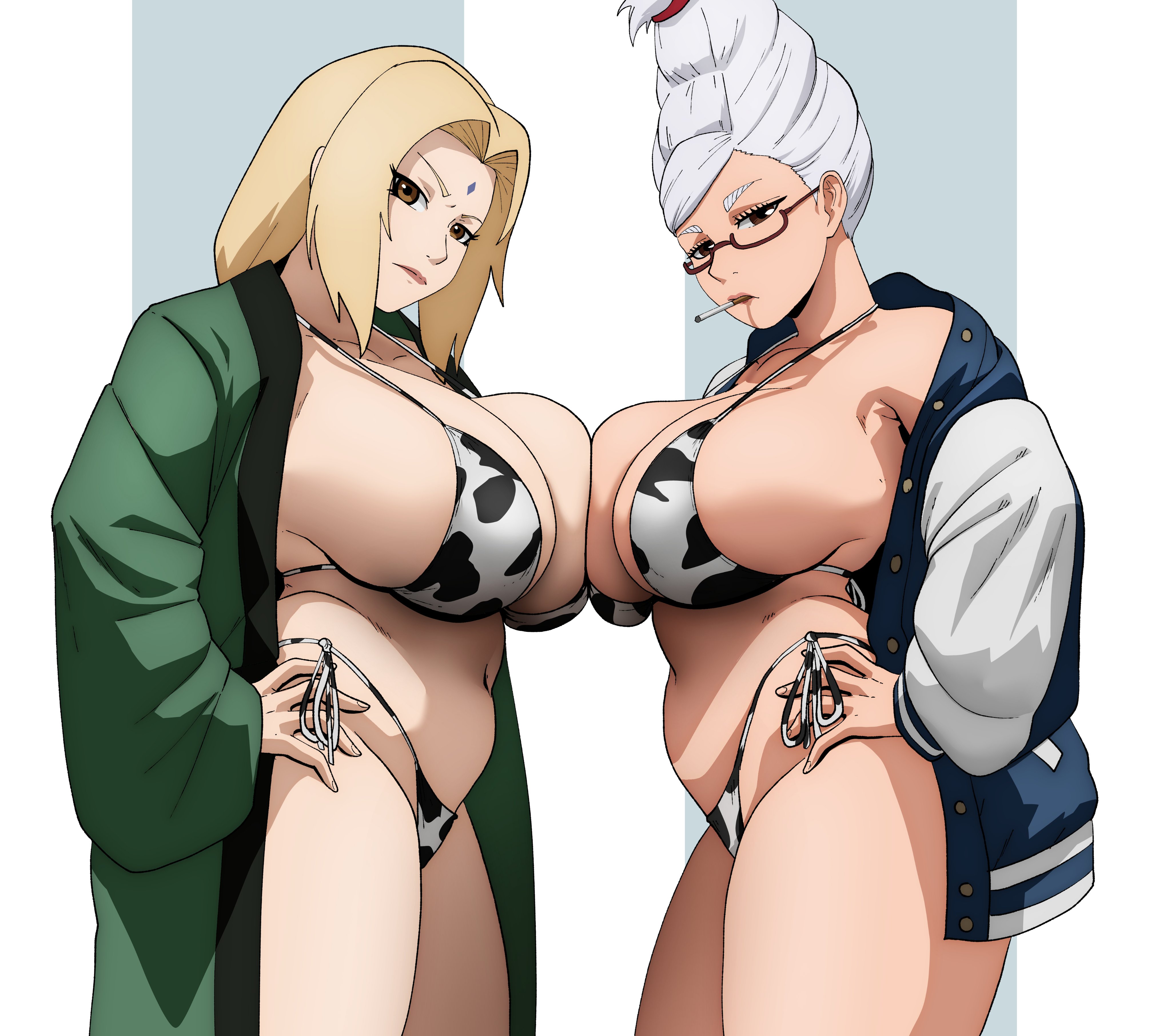 2d, 2girls, ayase seiko, blonde hair, breast squish, breasts, busty, cleavage, coolerinker, cow print, cow print bikini, crossover, dandadan, female, female only, gilf, grey hair, inker comics, inkershike, light skin, light-skinned female, looking at viewer, mature female, milf, naruto, naruto (series), older than they look, smooth skin, tagme, thighs, tsunade