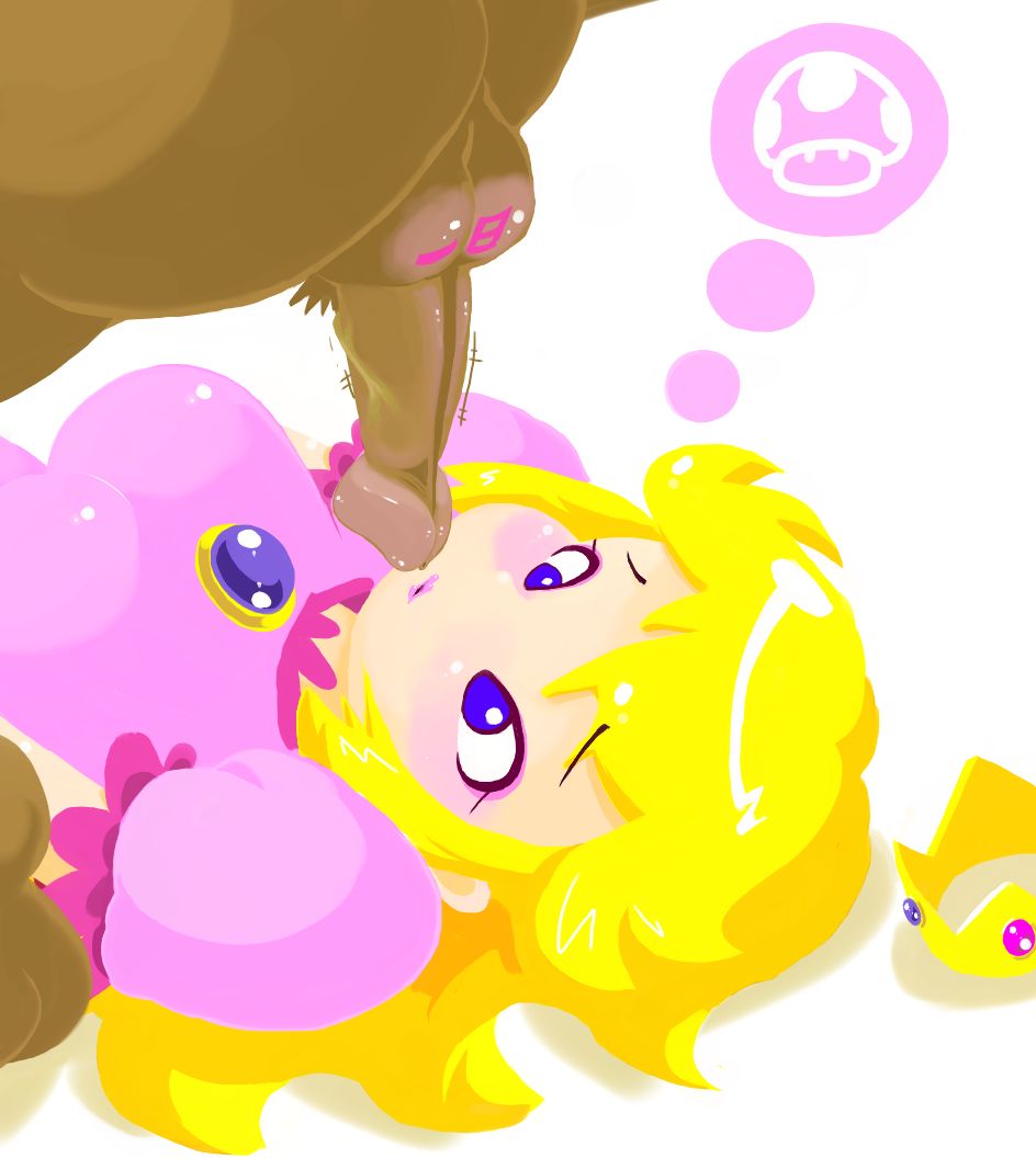 1boy, 1girls, 2006, artist self-insert, blonde hair, blush, dark penis, dark skin, dark-skinned male, female, human, interracial, male, male/female, mario (series), minus8, minus8 (character), mushroom, nintendo, no outlines, penis, princess peach, straight, straight hair, super mario bros., uncensored, white background