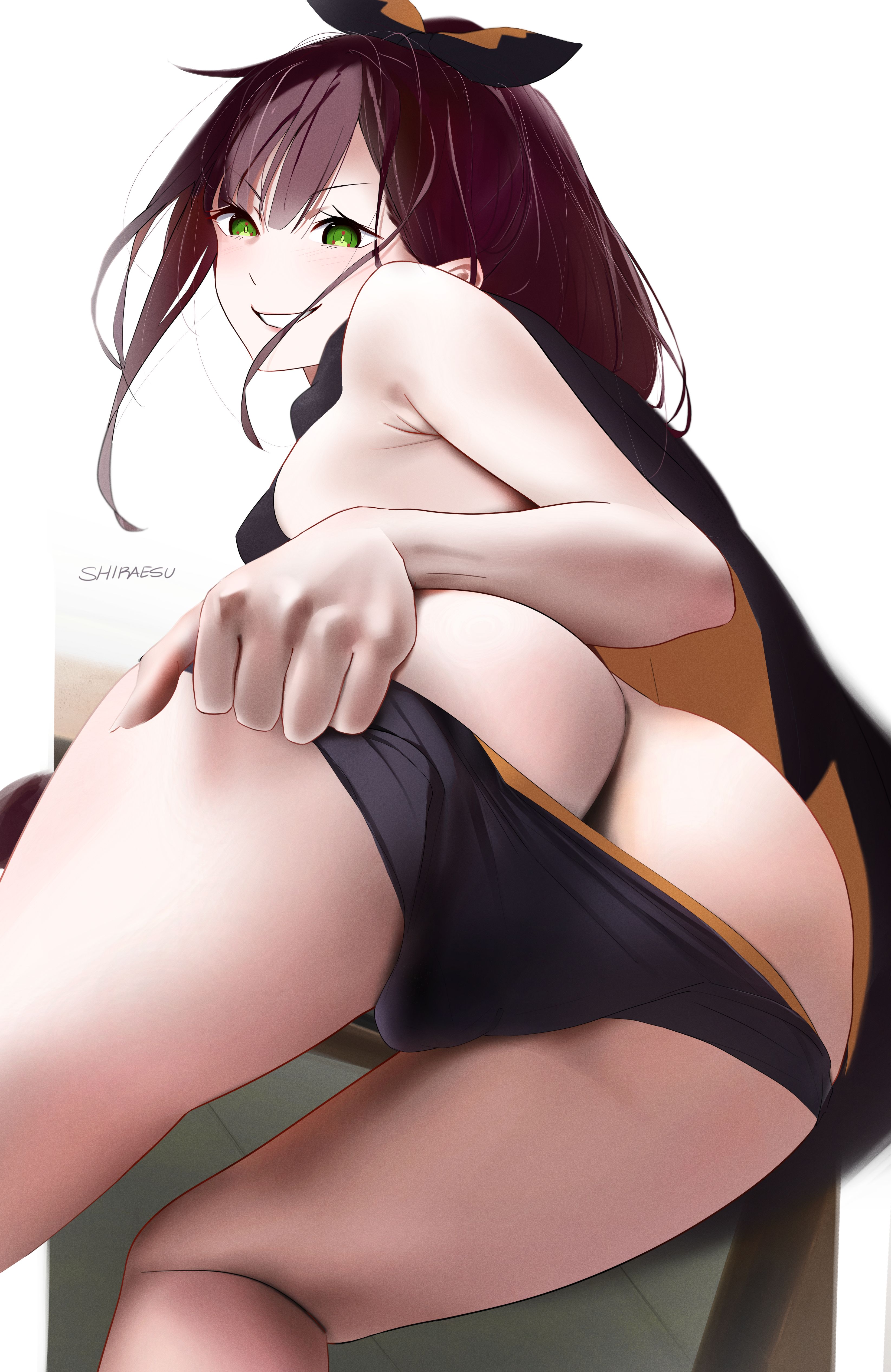 1girls, 2d, 2d (artwork), 2d artwork, adult, adult female, anime, anime character, armpit, armpit crease, armpit peek, armpits, ass, ass cleavage, ass crack, ass shot, back view, backboob, background, behind view, black cape, black hair ribbon, black hair tie, black ribbon, black shorts, blank background, braid, braided hair, braided ponytail, braids, breasts, brown hair, brown-haired female, butt, butt shot, cape, close up view, digital, digital art, digital drawing, digital drawing (artwork), digital media, digital media (artwork), drawing, elbows, eyebrows visible through hair, fanart, female, female focus, female only, fingers, from behind, gluteal fold, green eyes, green-eyed female, grin, grinning, grinning at viewer, groin, hair between eyes, hair ribbon, hair tie, head tilt, hi res, high res, high resolution, highres, humanoid, kneepits, knees, lean figure, long hair, looking at viewer, looking back, looking back at viewer, manga character, mature, mature female, mature woman, monotone background, narrow waist, nipple bulge, non human, one color background, orange hair ribbon, orange hair tie, orange ribbon, parted lips, plain background, portrait, posing, posing for the viewer, posing naked, posing nude, re:zero kara hajimeru isekai seikatsu, rear view, ribbon, scorpion tail hair braid, shaula (re:zero), shiraesu, shorts, shoulders, sideboob, single braid, slender body, slender waist, slim female, slim waist, smile, smiley face, smiling, smiling at viewer, solid color background, solo, thick ass, thick butt, thigh gap, thighs, tied hair, tilted head, viewed from behind, white background, white fox (studio), wide hips, woman