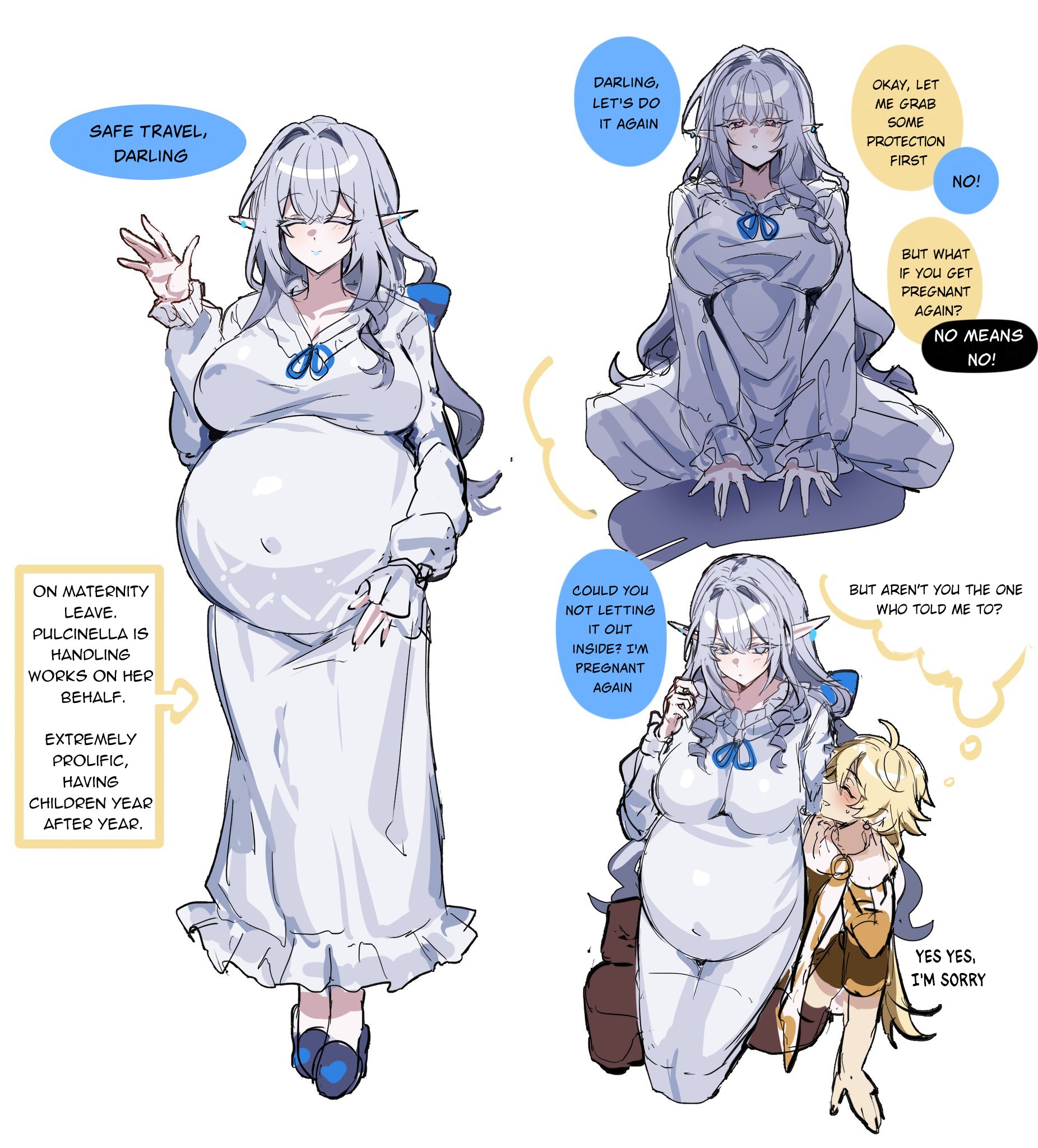aether (genshin impact), genshin impact, implied sex, maternity clothes, maternity dress, offscreen sex, pregnant, pregnant belly, pregnant female, sole female, sole male, tsaritsa (genshin impact), wholesome