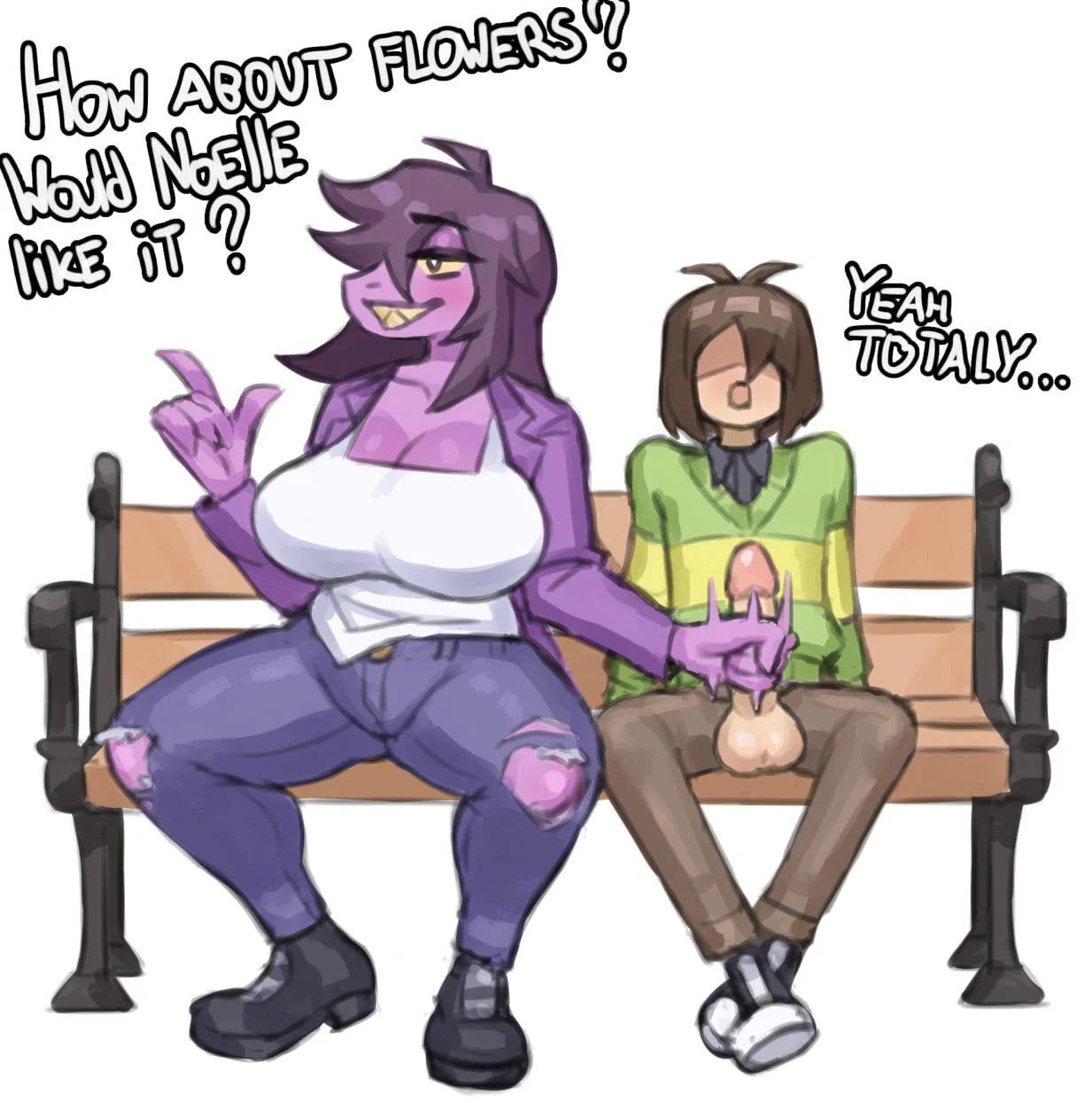 1girls, 1nonbinary, anthro, deltarune, dialogue, egoroamer (artist), handjob, human, interspecies, kris (deltarune), large breasts, masturbating other, nonbinary, penis out, source request, susie (deltarune), undertale (series)