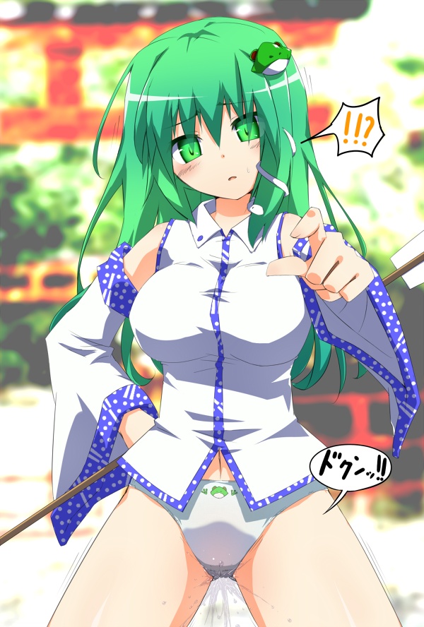 blush breasts chikyuujin_a female green_eyes green_hair hair_ornament large_breasts long_hair no_pants open_mouth outdoors panties pointing sanae_kochiya solo standing touhou