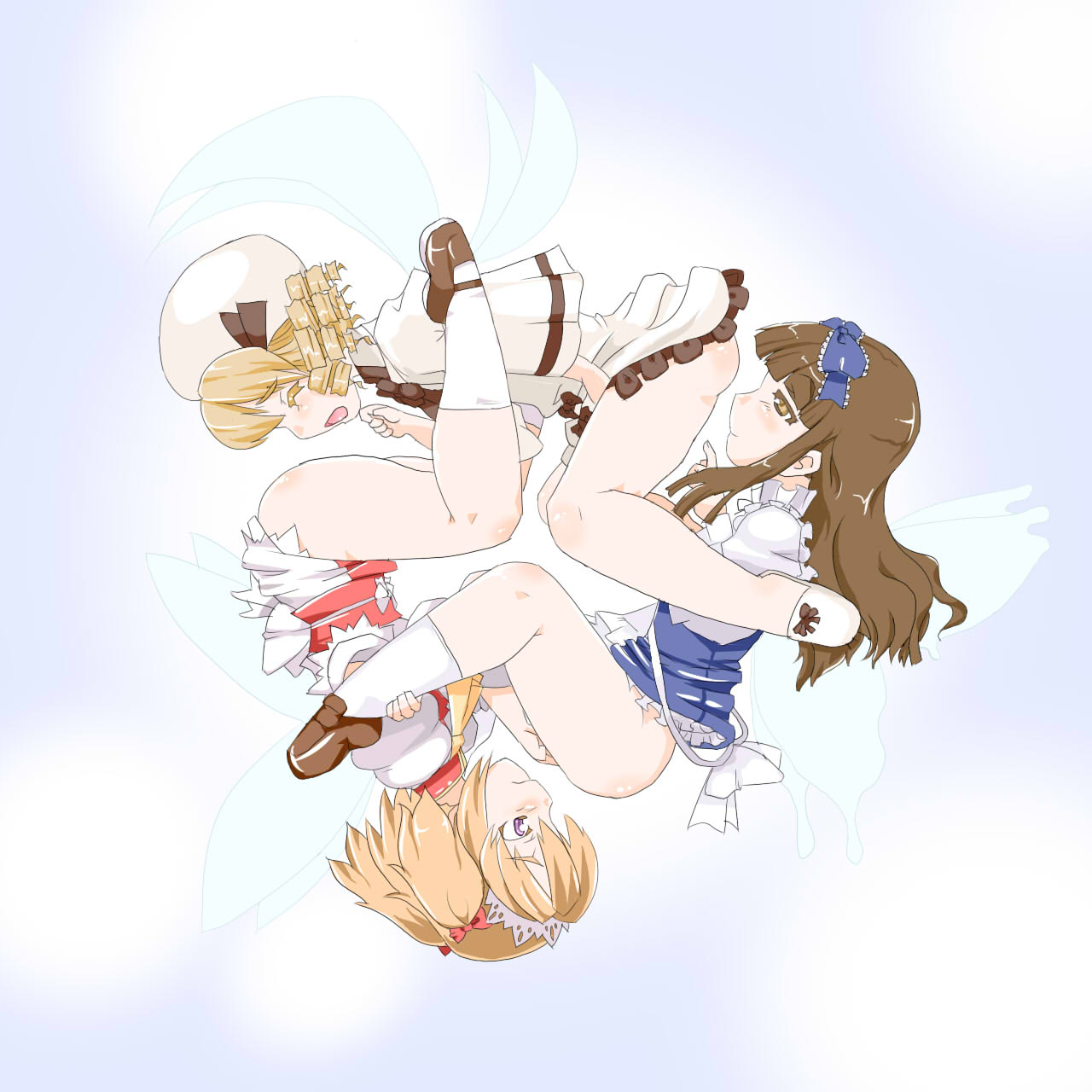 3girls blush bottomless brown_eyes brown_hair colored_eyelashes drill_hair eyelashes fairy female fingering hat highres luna_child matchuri multiple_girls open_mouth purple_eyes ribbon simple_background smile star_sapphire_(touhou) sunny_milk touhou wings yuri