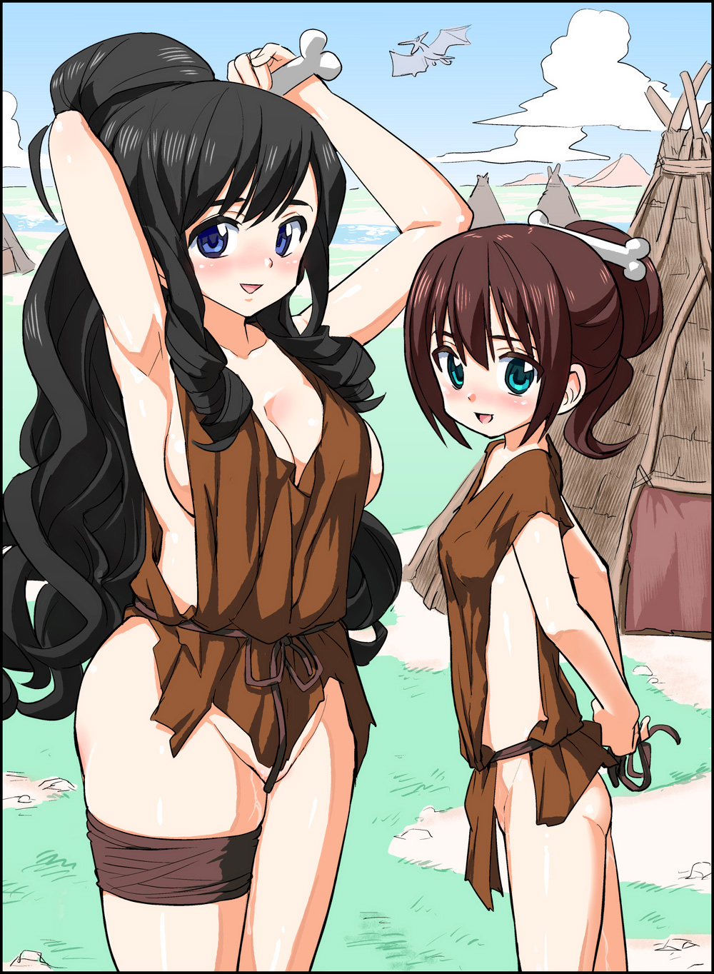 armpits black_hair blue_eyes blush bone breasts brown_hair caveman cavewoman censored cleavage cloud erect_nipples flat_chest green_eyes hair_up highres large_breasts long_hair multiple_girls open_mouth original otoi_rekomaru payot pit-house prehistoric pteranodon pussy_juice ringlets sky