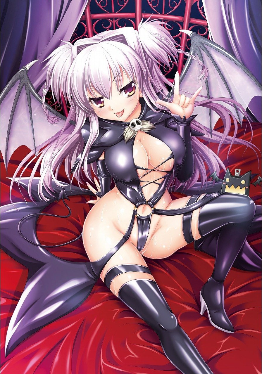 boots brandish brandish_(h_manga) breasts cleavage demon_girl demon_tail demon_wings fully_clothed highres monster_girl official_art purple_hair succubus succubus_costume succubus_tail succubus_wings thigh_boots tsukaima twiska