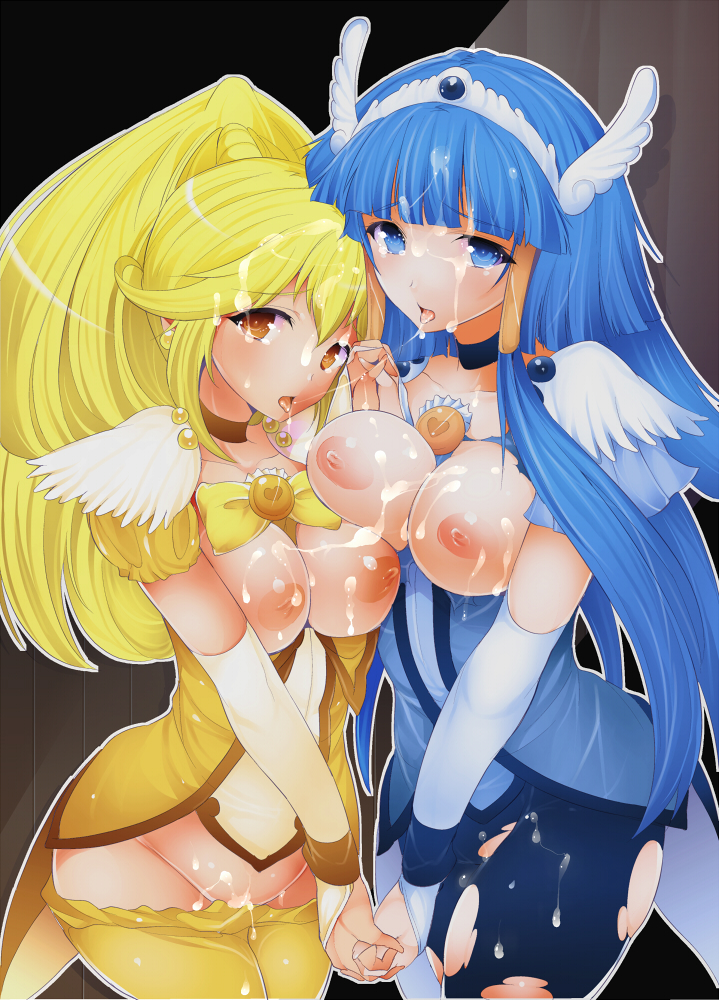 aoki_reika bike_shorts blonde_hair blue_dress blue_eyes blue_hair blush breasts choker clothing cum cure_beauty cure_peace dress facial hair_tubes hands_clasped head_wings kodai_heiki large_breasts long_hair magical_girl medium_breasts multiple_girls nipples oldweapon open_mouth payot ponytail precure pretty_cure pussy saliva saliva_trail shorts smile_precure tiara tied_hair tongue torn_clothes wrist_cuffs yayoi_kise yellow_dress yellow_eyes