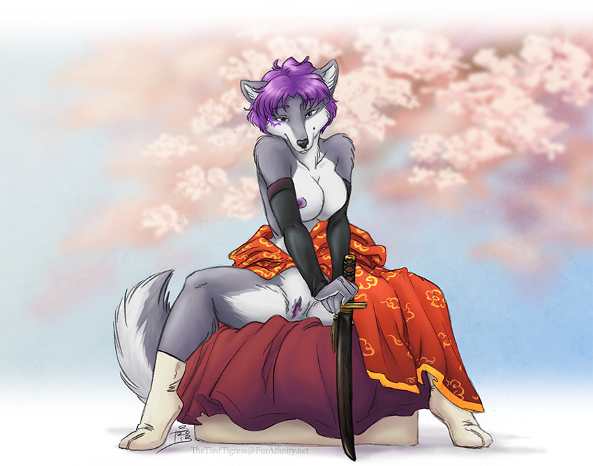 anthro breasts canine female fur furry jess_(teckly) looking_at_viewer purple_hair pussy sitting skimpy solo sword thetiedtigress weapon wolf