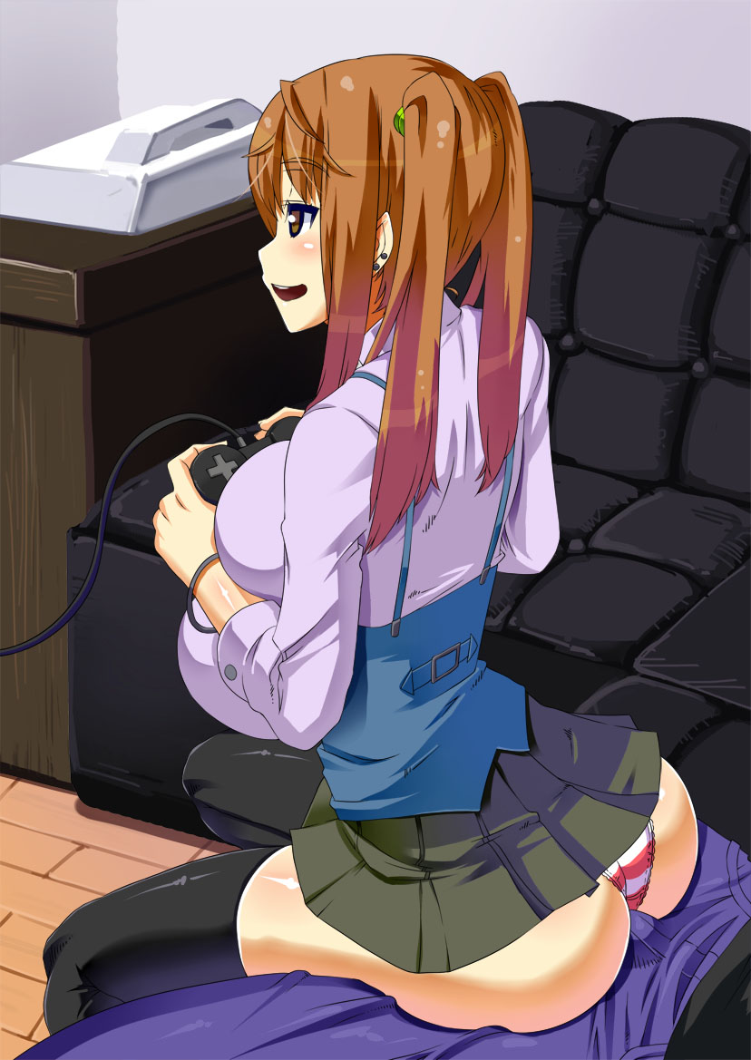 alan_smithee ass breasts brown_hair buttjob cafe_junkie game_controller gamepad grinding huge_ass huge_breasts minami_kurumi outercourse panties pink_panties serubitchi_suisan shimapan sitting_on_lap smile striped striped_panties thighhighs tied_hair twintails