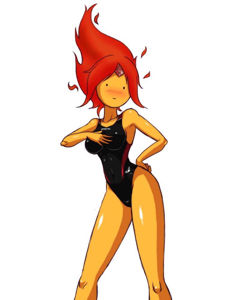 1girls adventure_time black_bead_eyes blush breasts deadmoon female female_only fire_hair flame_princess mob_face no_nose orange_skin red_hair solo solo_female swimsuit white_background yellow_skin