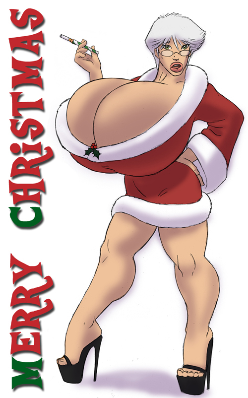 1girls busty christmas english english_text female female_only giant_breasts gideon gideon-hoss gideonhoss gilf glasses high_heels holidays human hyper_breasts mature mature_female mrs._claus solo white_hair