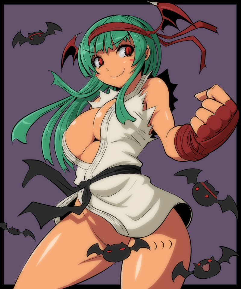 bat blush_stickers breasts capcom censored clothing company_connection convenient_censoring cosplay darkstalkers demon_girl female female_only fighting_stance gloves head_wings headband human kara_age large_breasts long_hair medium_breasts morrigan_aensland no_panties red_eyes ryu_(street_fighter) ryu_(street_fighter)_(cosplay) smile solo street_fighter succubus