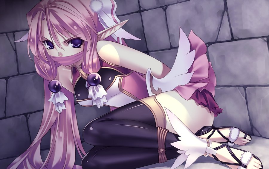 agarest_senki angry bondage bound elf ellis_(agarest_senki) female gagged hair_ornaments long_hair over_the_mouth_gag panties pink_hair record_of_agarest_war solo thighhighs