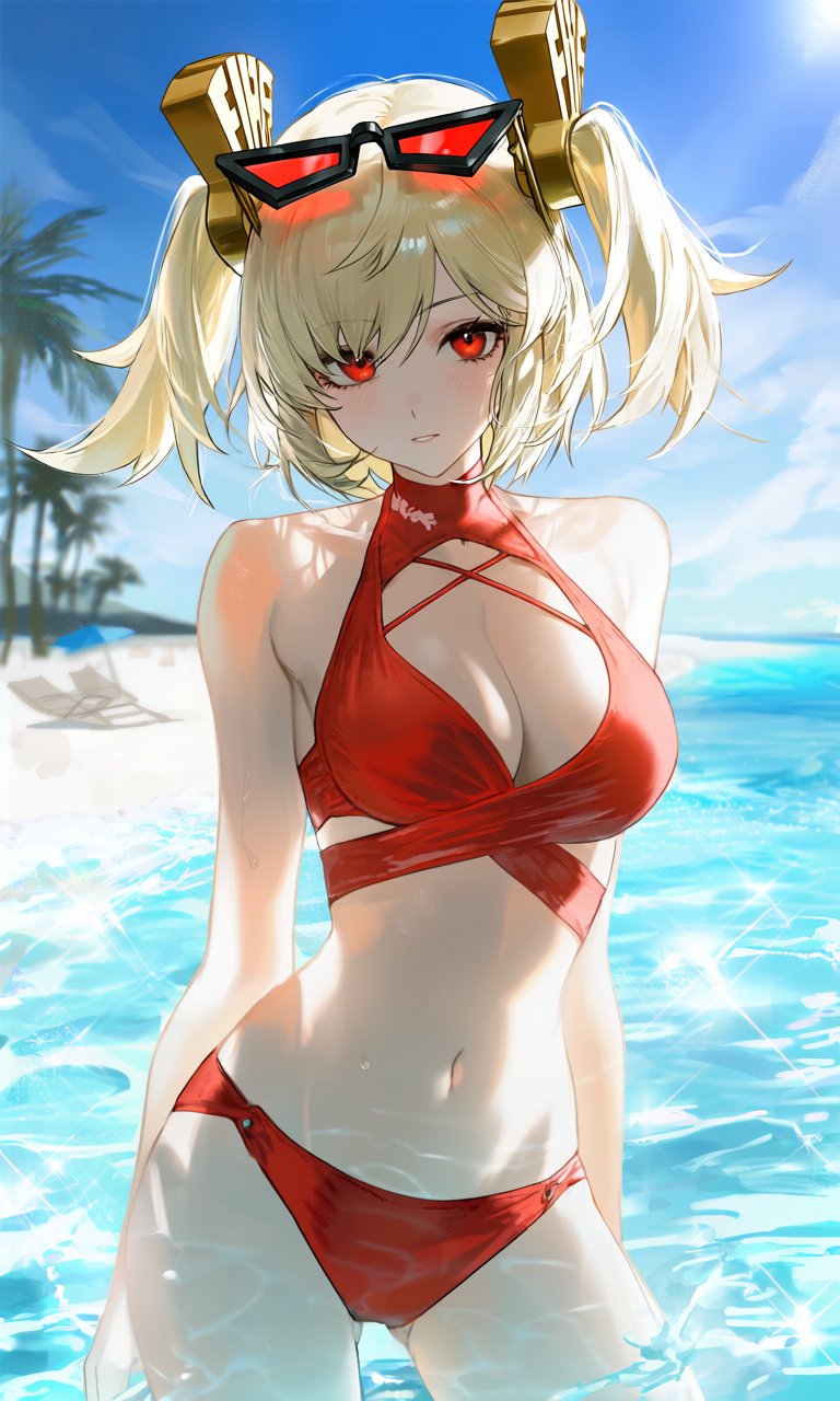 1girls, 2d, 2d (artwork), beach, beach background, bikini, bikini bottom, bikini top, blonde hair, burnice white, day, female, female focus, female only, front view, light skin, light-skinned female, looking at viewer, outdoors, palm tree, red eyes, red swimsuit, sky, slim girl, solo, solo female, solo focus, standing, standing in water, summer, sunglasses, sunglasses on head, swimsuit, two piece swimsuit, water, young, younger female, zenless zone zero