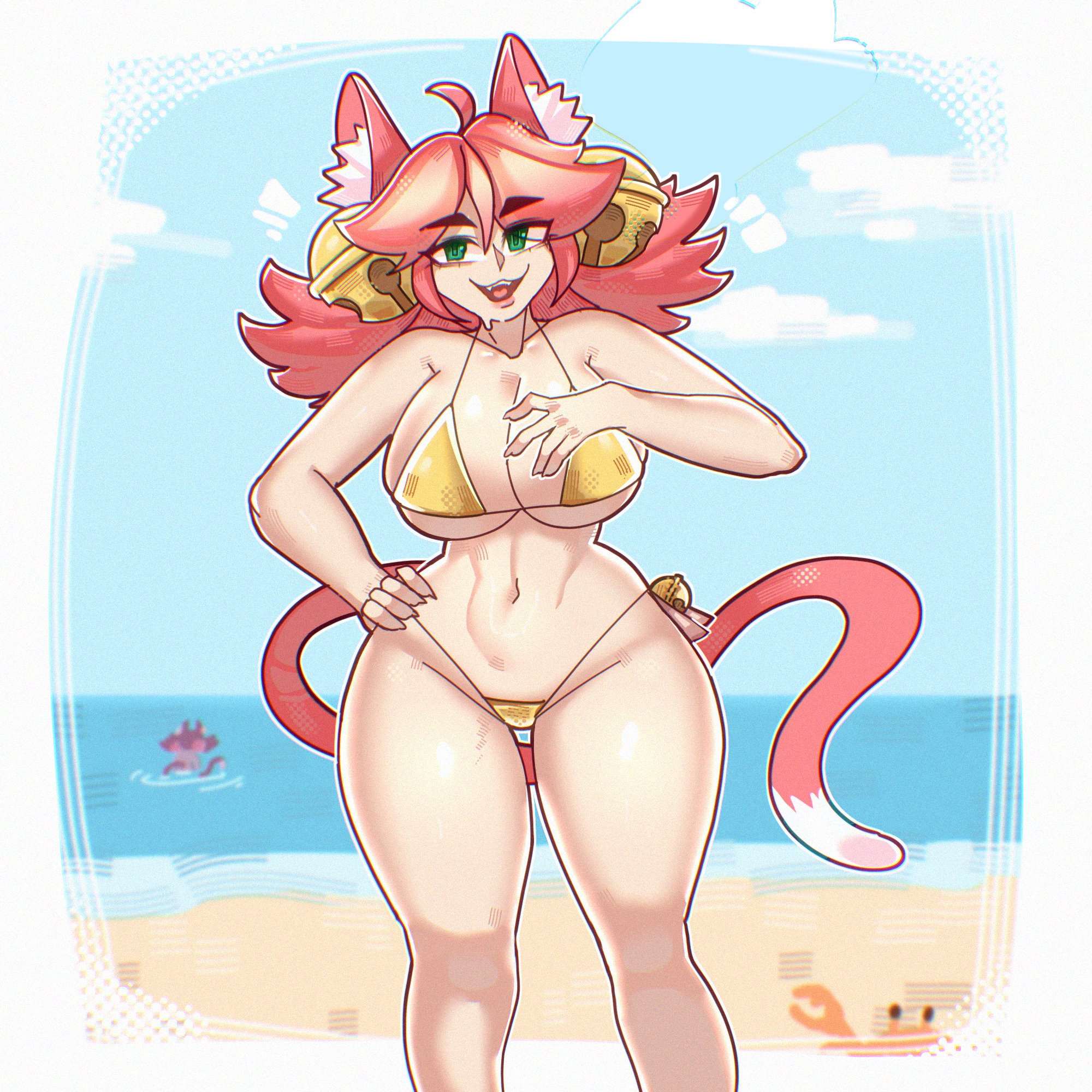 1girls, animal ears, ass visible through thighs, beach, big breasts, bikini, breasts, cat ears, cat tail, day, deltarune, deltarune chapter 5, eyebrows visible through hair, green eyes, hand on hip, justnyarla, large breasts, long hair, looking at viewer, mad mew mew, navel, ocean, open mouth, pink (deltarune), pink hair, side-tie bikini, smile, solo, swimsuit, tail, undertale, undertale (series), yellow bikini