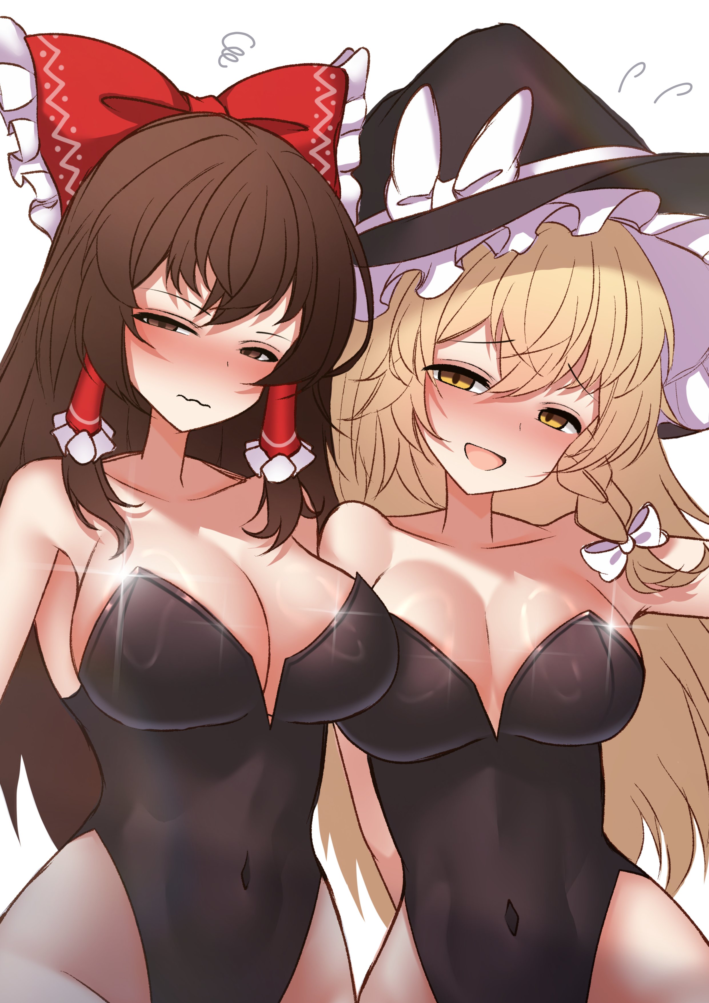 2girls, artist request, bangs, bare arms, bare shoulders, black headwear, black leotard, blonde hair, blush, bow, braid, breasts, brown eyes, brown hair, cleavage, collarbone, covered navel, cowboy shot, eyebrows visible through hair, flying sweatdrops, hair bow, hair tubes, hakurei reimu, half-closed eyes, hat, kirisame marisa, large breasts, leotard, long hair, looking at viewer, medium breasts, multiple girls, nose blush, open mouth, red bow, simple background, smile, standing, strapless, touhou, white background, yellow eyes