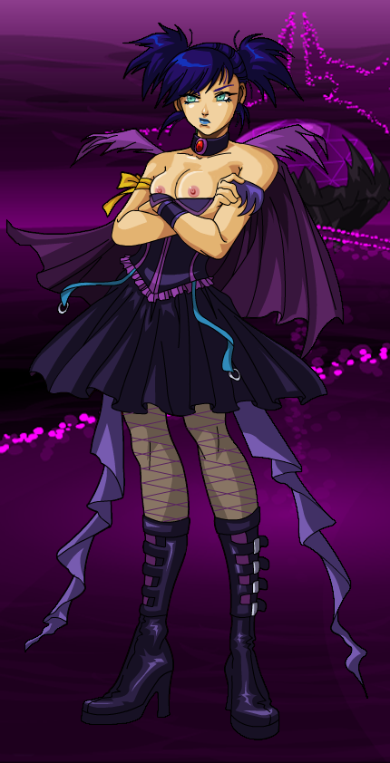 adventurequest_worlds aqw aqworlds arms_crossed artix_entertainment black_hair blue_eyes blue_hair blue_lipstick boots breasts breasts_out choker cloak clothed clothing collar dragonfable dress edit flashing_breasts goth hentaicrazed nythera pigtails purple_hair wings