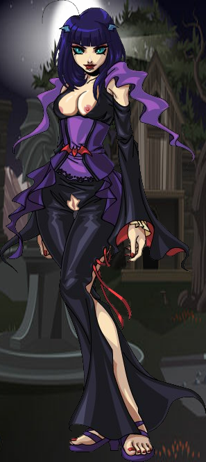 artix_entertainment big_breasts black_and_purple_hair black_dress black_hair blue_eyes bob_cut boobs breasts cleavage clothing crotch_cutout cut_clothes dress exposed_shoulders goth hentaicrazed mechquest nip_slip nipples_outside purple_hair pussy pussy_out safiria sandals slender_waist slit taller_girl third-party_edit tits vagina vampire