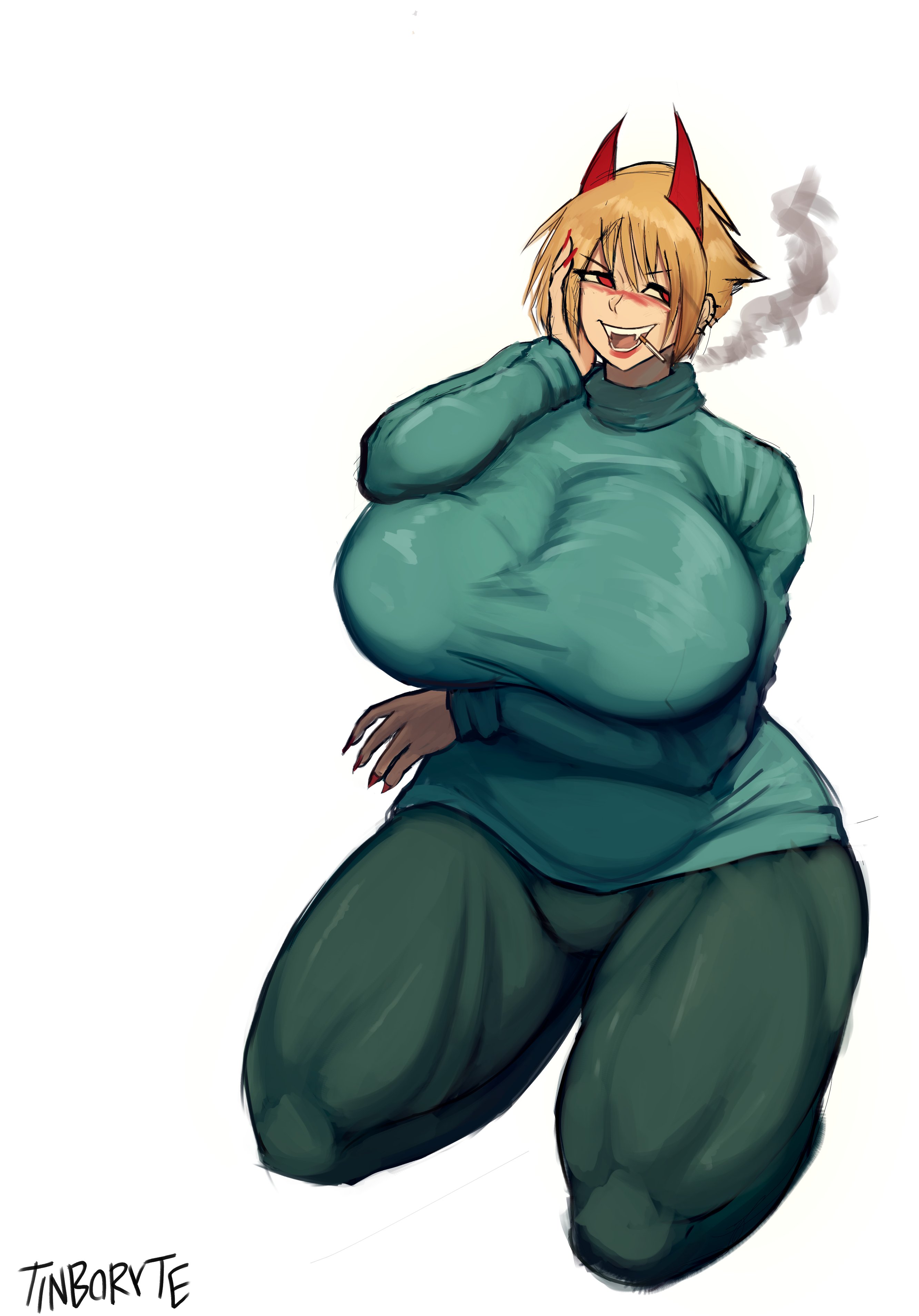 1girls, arm under breasts, blush, chainsaw man, cigarette, huge breasts, large breasts, lipstick, milf, muscular thighs, power (chainsaw man), red horns, red nails, sharp teeth, short hair, smoking, tagme, thick thighs, tinboryte, turtleneck, vampire teeth, voluptuous female
