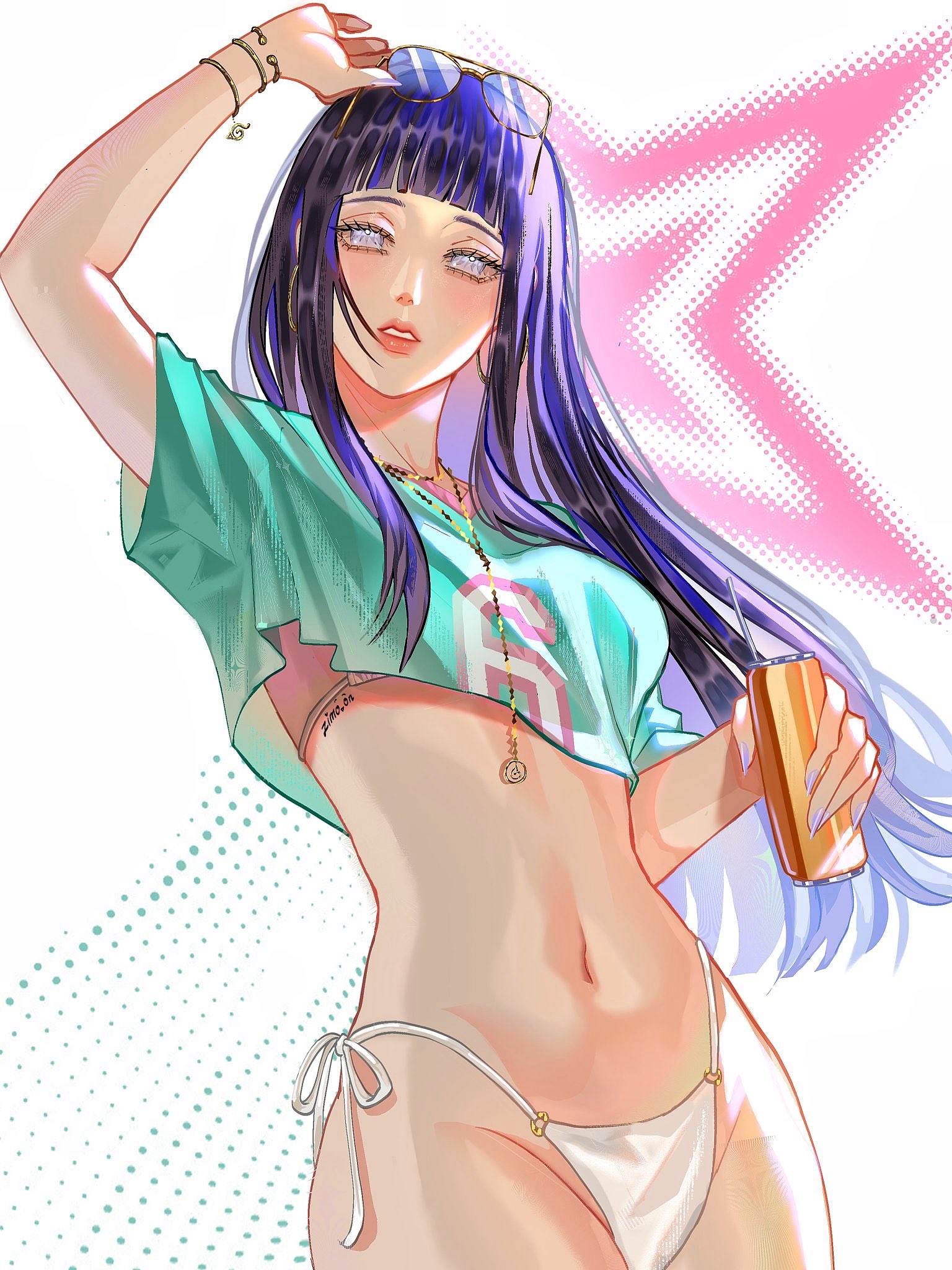 1girls, artist request, bare midriff, bikini, bikini bottom, bikini top, bracelet, bracelets, crop top, crossover, ear piercing, ear ring, earrings, eye contact, eyelashes, female, female focus, female only, female torso, g-string, grand theft auto, grand theft auto vi, green crop top, green shirt, gta vi cover girl, hi res, high resolution, highres, hinata hyuga, hinata hyuuga, hinata uzumaki, hips, holding drink, hoop earrings, hoop earrings oversized, hourglass figure, hyuga hinata, hyuuga hinata, jersey, jewelry, konohagakure symbol, light skin, light-skinned female, lips, lipstick, long fingernails, long nails, looking at viewer, looking down, makeup, naruto, naruto (series), naruto shippuden, naruto: the last, necklace, pale skin, pale-skinned female, parted lips, perky breasts, petite, petite body, petite breasts, petite female, pink lips, pink lipstick, pinup, pose, posing, purple eyes, purple hair, reference, rockstar games, shonen jump, shounen jump, shueisha, small breasts, soda, soda can, solo, solo female, solo focus, sports uniform, standing, stomach tattoo, string bikini, sunglasses, sunglasses on head, sunglasses removed, swimsuit, t-shirt, tattoo, teen, teen girl, teenage, teenage female, teenage girl, teenager, thong, toned, toned body, toned female, toned stomach, uzumaki hinata, very high resolution, weekly shonen jump, weekly shounen jump, white bikini, white bikini bottom, white bikini top, white nail polish, white nails, white panties, white swimsuit, white thong, wide hips