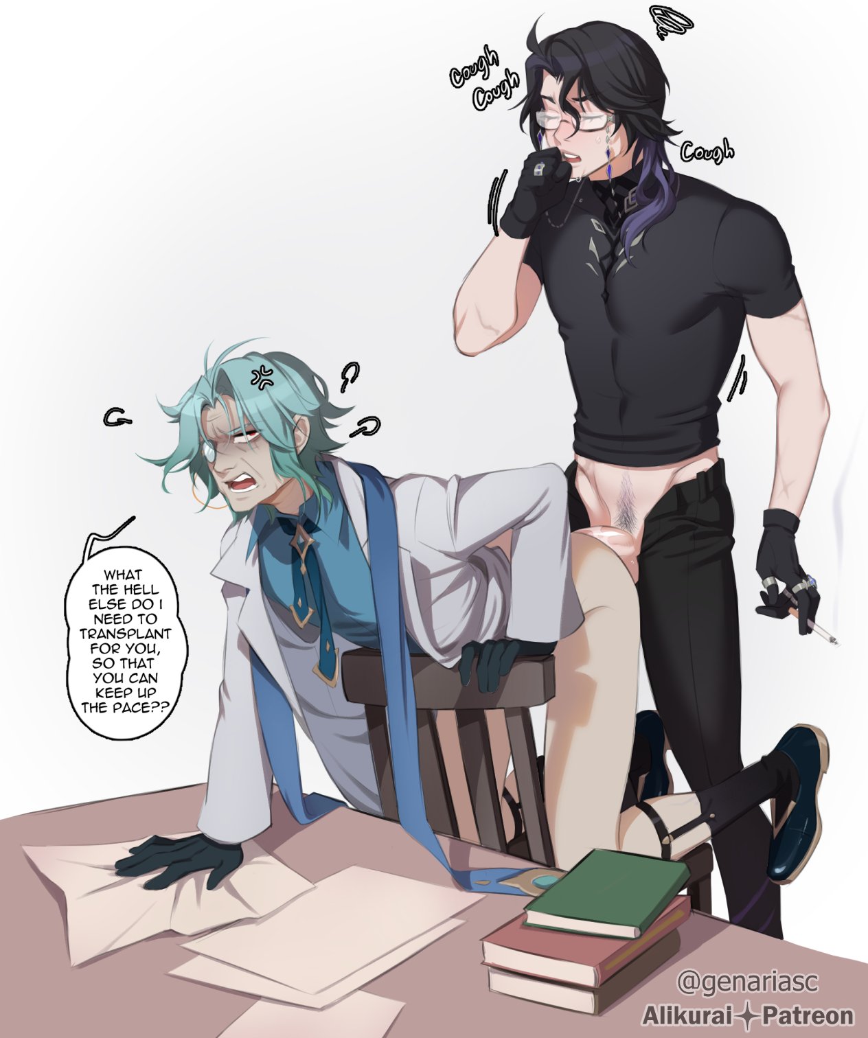 2boys, alikurai, anal, anal penetration, anal sex, black hair, cigarette, doggy style, dottore (genshin impact), english, english text, gay, genariasc, genshin impact, green hair, hoyoverse, light skin, light-skinned male, male, male only, pantalone (genshin impact), pantsless, penis, pubic hair, smoking, yaoi