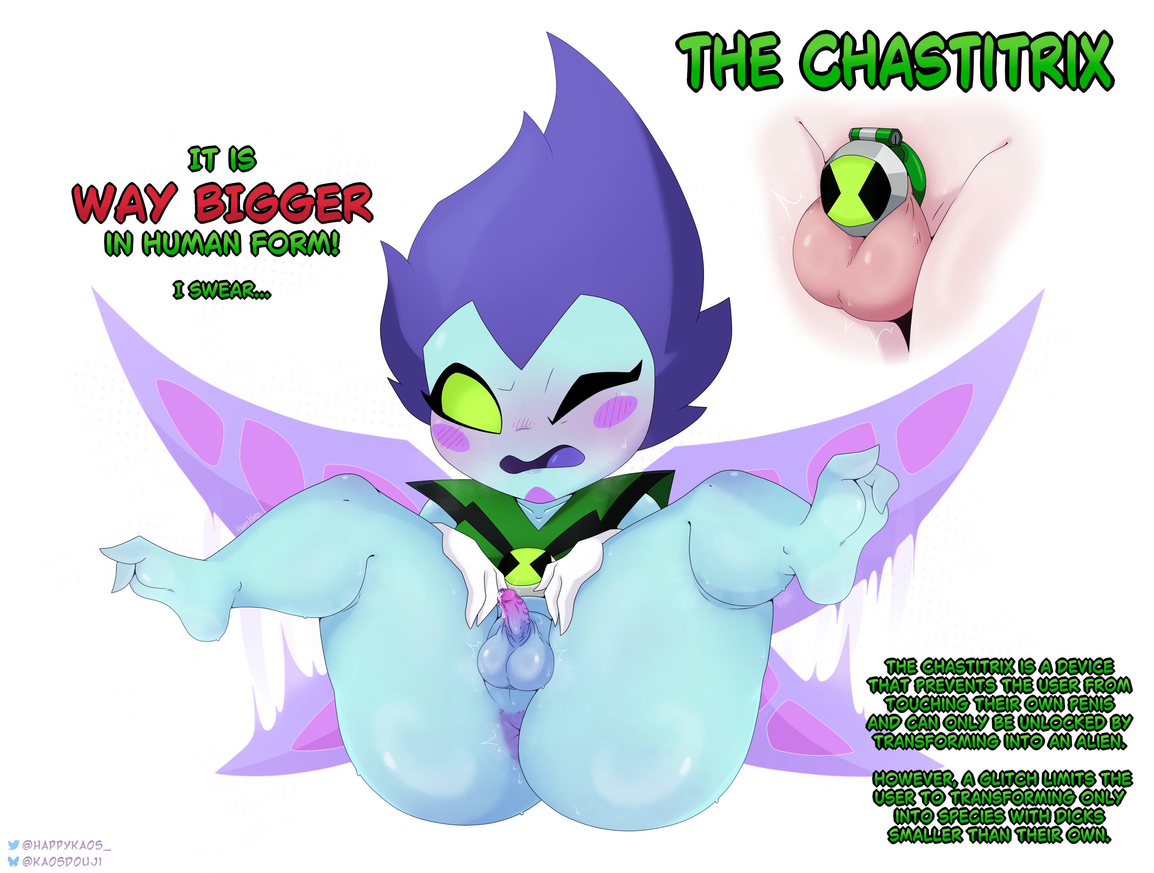 1boy, 2026, 2d, alien, alien boy, anus, anus peek, balls, ballsack, ben 10, ben 10 omniverse, ben tennyson, big balls small penis, blue skin, blue skinned male, blush, blushing, blushing male, bottomless, bottomless male, chastity cage, creative chastity, dialogue, embarrassed, embarrassed male, english dialogue, english text, exposed, exposed penis, femboy, flat chastity cage, green eyes, green eyes male, green sclera, hi res, kaosdouji, light skin, light-skinned male, male, male only, nemuina, omnitrix, omnitrix on penis, open mouth, oversized balls, penis shrinking, pesky dust, purple hair, purple hair male, simple background, small male, small penis, small penis humiliation, spread legs, stylized chastity cage, text, transformation