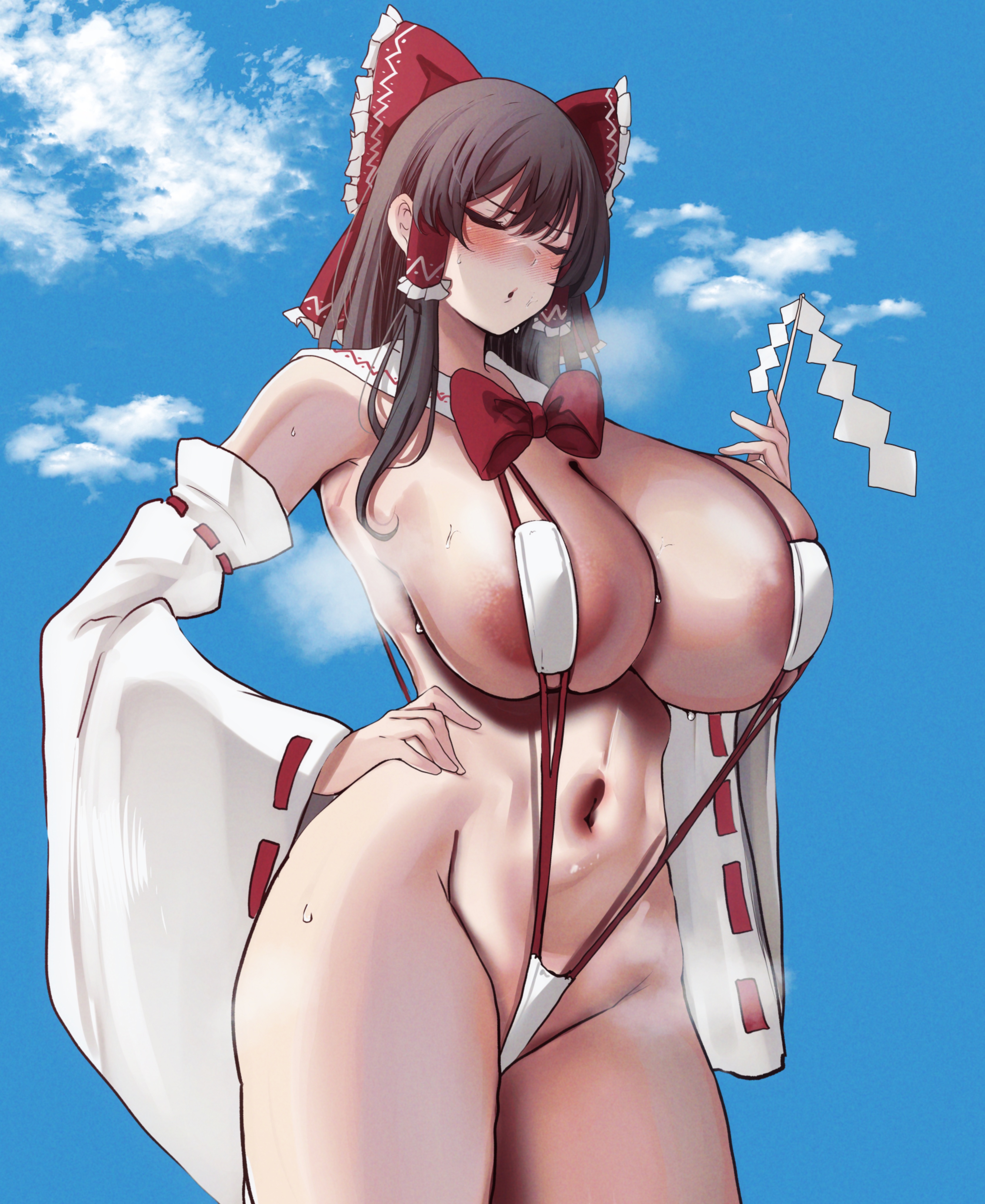 1girl, absurdres, alternate costume, areola slip, armpits, blush, bow, breasts, brown hair, closed eyes, detached collar, detached sleeves, gohei, groin, hair bow, hakurei reimu, highres, large areolae, large breasts, navel, red bow, reimu hakurei, slingshot swimsuit, solo, steaming body, swimsuit, tf cafe, thick thighs, thighs, touhou, wide sleeves