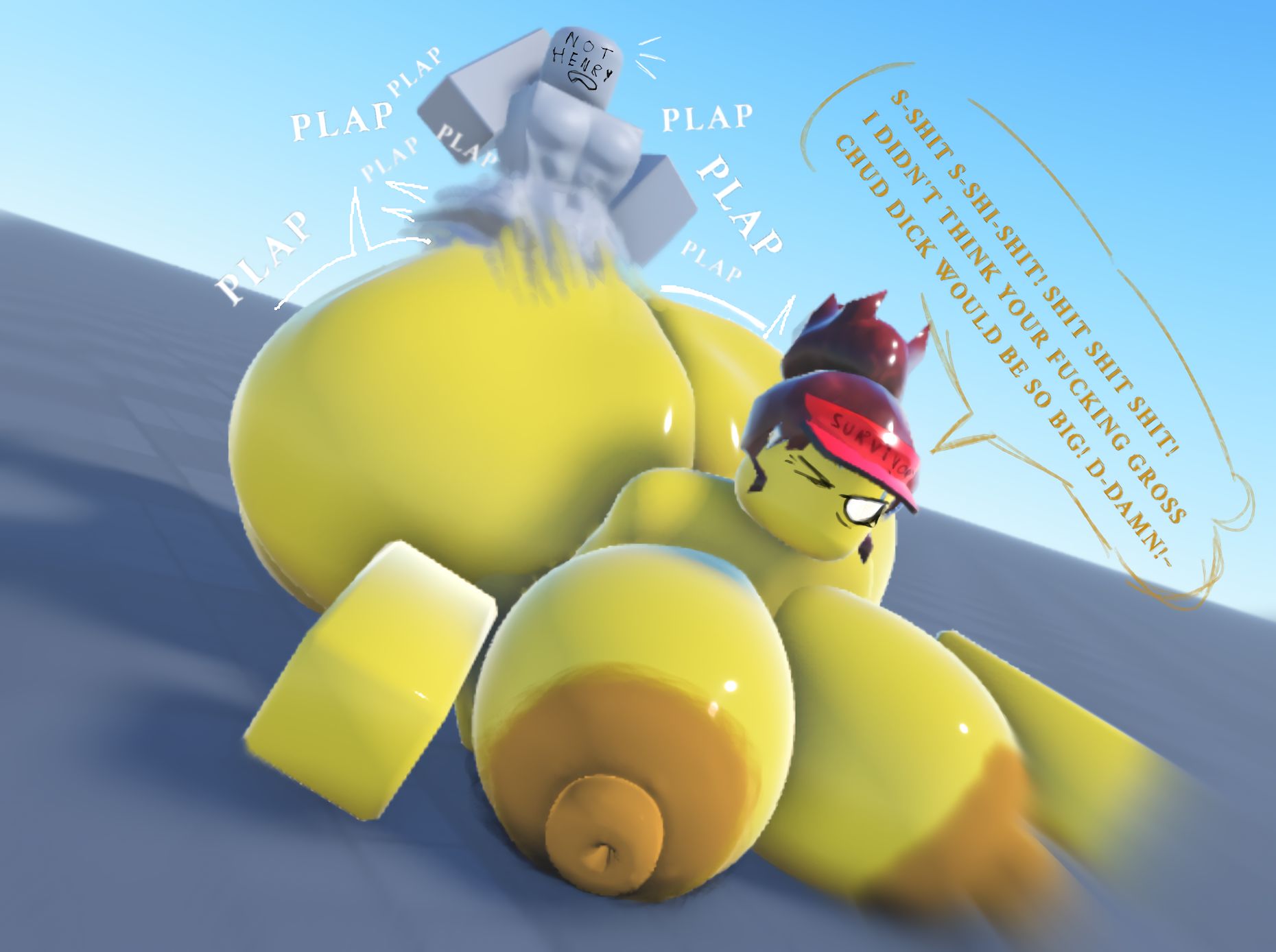 1boy, 1boy1girl, 1girls, 3d, all fours, areolae, ass, baseplate, breasts, dialogue, female, from behind, huge ass, kreniss, mob face, mounting, not henry, nude, nude female, nude male, roblox, robloxian, sex, sex from behind, size difference, small dom big sub, survivor (mermio), tagme, yellow skin, yellow skinned female