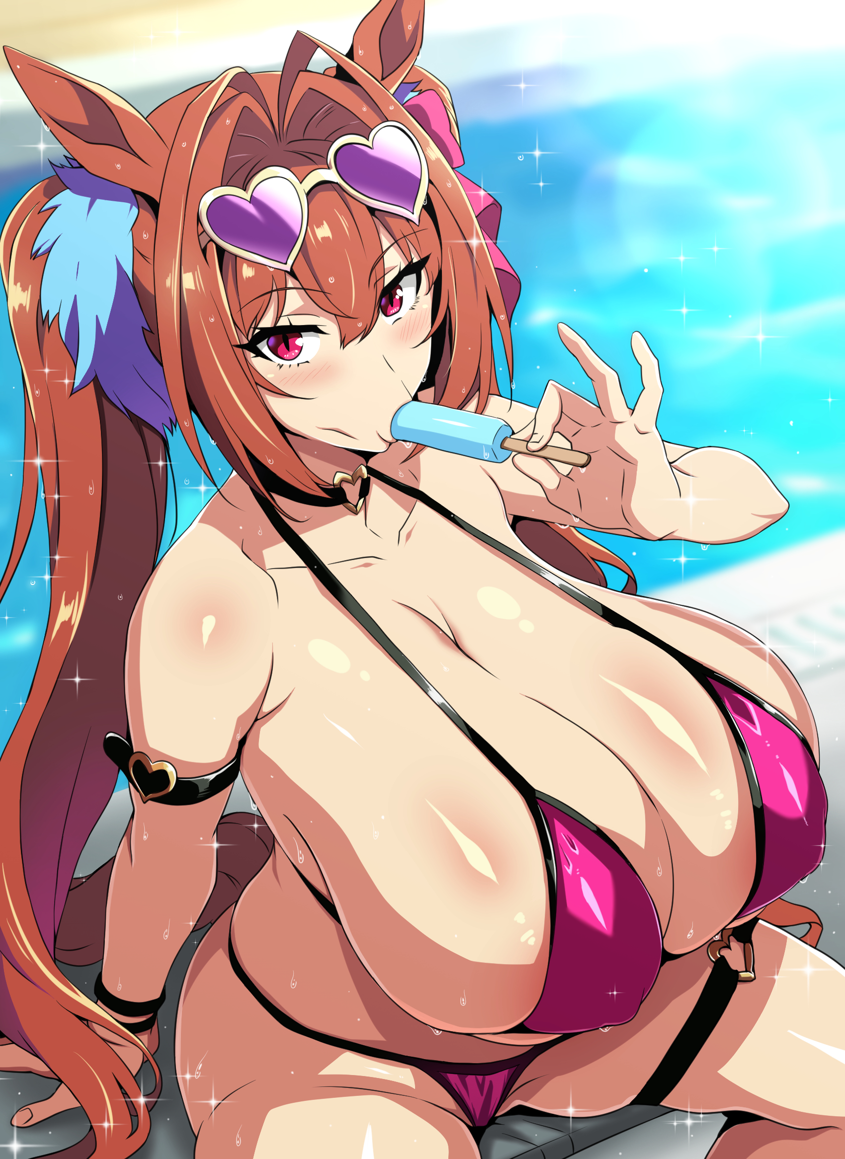 1girls, animal ears, armband, bikini, bow, breasts, brown hair, cleavage, daiwa scarlet (umamusume), female, food, food in mouth, from above, gigantic breasts, hair bow, hair intakes, hair ornament, heart, heart o-ring, heart-shaped eyewear, holding food, holding popsicle, horse ears, horse girl, legs apart, long hair, long twintails, o-ring, o-ring thigh strap, pink bikini, pink bow, pink eyes, poolside, popsicle, popsicle in mouth, purple-tinted eyewear, sitting, slit pupils, solo, suggestive gesture, sunglasses, sunglasses on head, swimsuit, tail, thigh strap, tinted eyewear, tony man+, tonyman plus, twintails, umamusume, wet, wristband