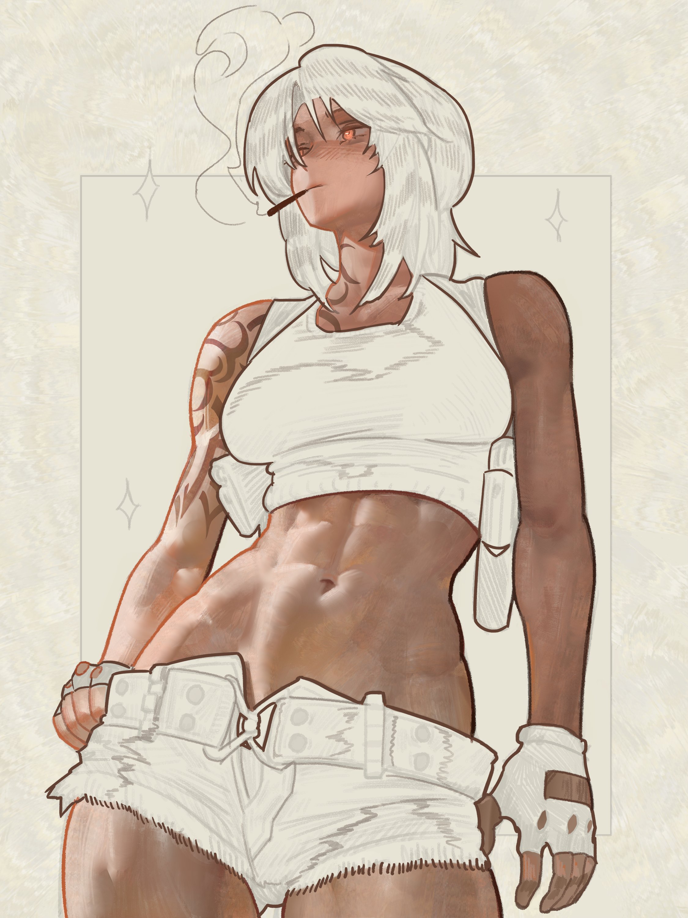 1girl, 1girls, abs, black lagoon, cigarette, dark-skinned female, female, female focus, navel, revy, revy (black lagoon), shorts, simple background, smoking, solo, solo focus, stomach, tagme, the antin
