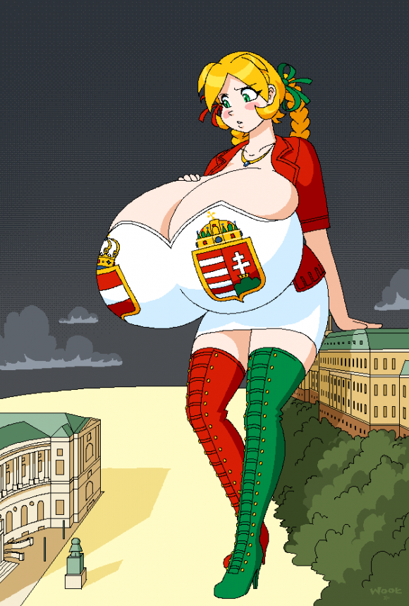 austria-hungary austria-hungary_(countrygirls) blonde_hair blush breasts countrygirls european giant giantess green_eyes hair hyper hyper_breasts k.u.k._monarchy national_personification thigh_boots tied_hair twintails woot