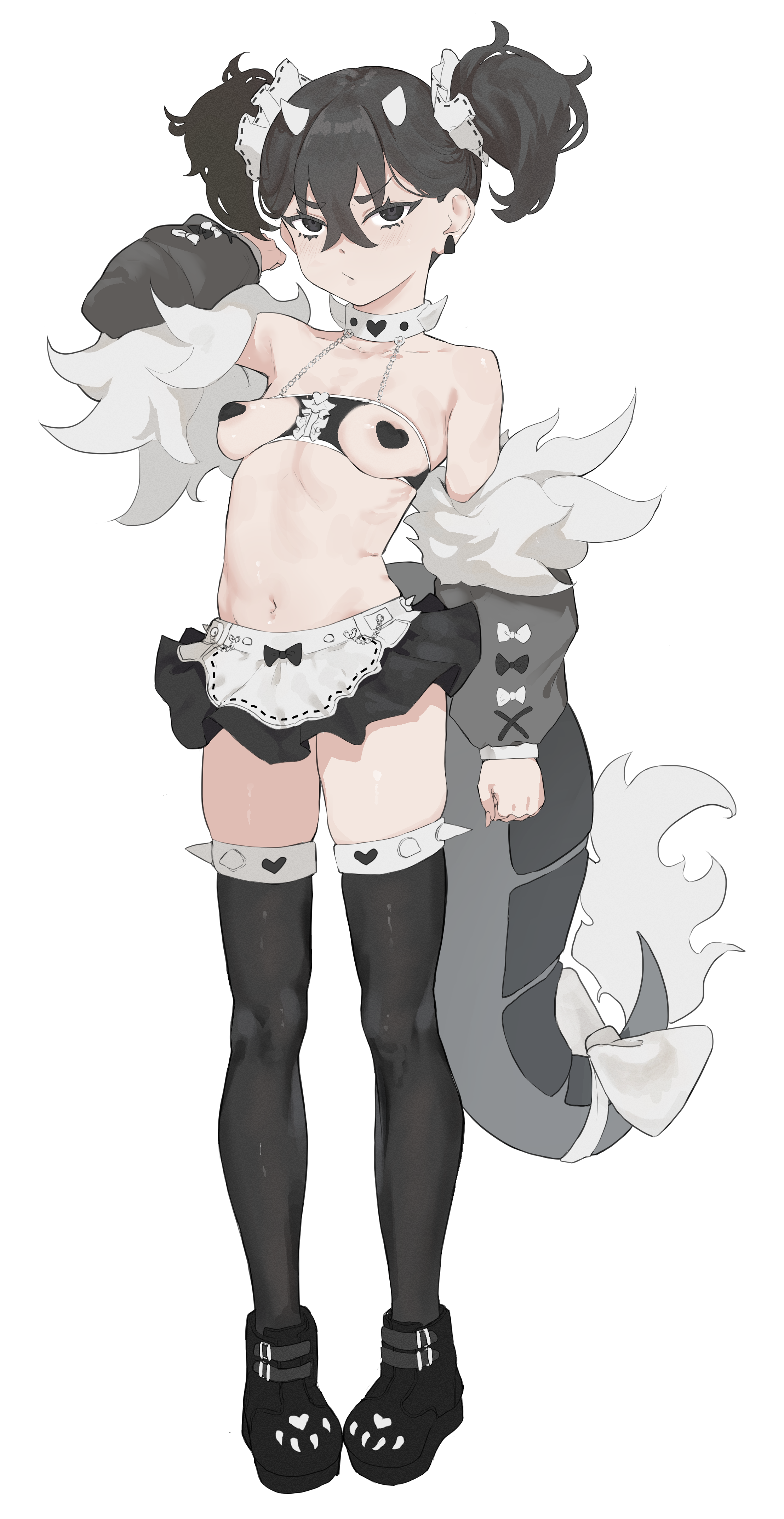 1girls, black eyes, black hair, black thighhighs, black-eyed female, black-haired female, breasts, choker, detached sleeves, dragon tail, esearu, female, female only, hi res, horns, light skin, light-skinned female, medium breasts, medium hair, medium-haired female, miniskirt, navel, original, original character, pasties, skirt, small horns, solo, standing, tail, thighhighs, twintails