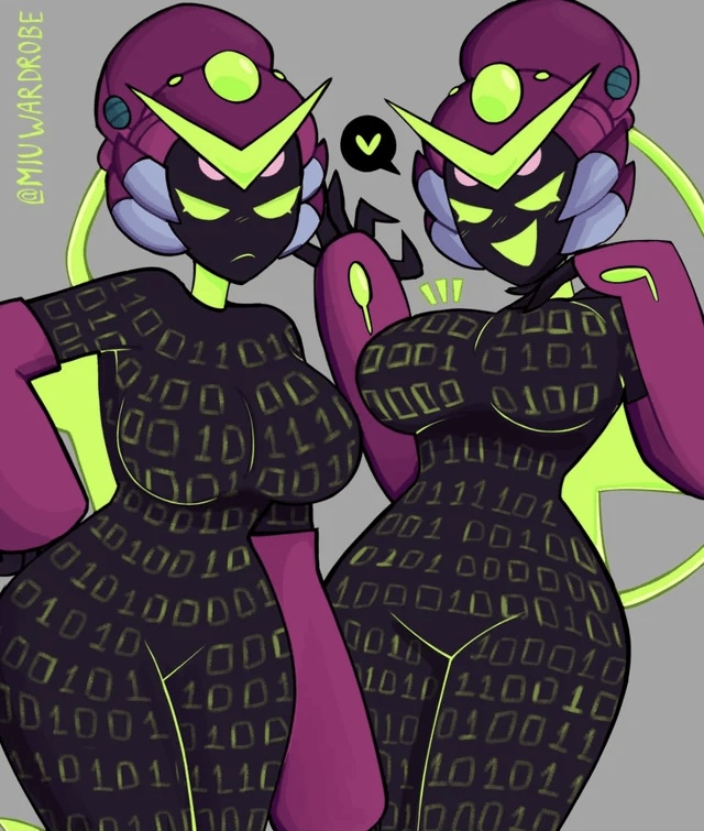 big breasts, black body, breasts, charlie (brawl stars), glowing eyes, green eyes, heart symbol, huge breasts, miuwardrobe, source request, tagme, thick thighs, virus charlie (brawl stars), wide hips