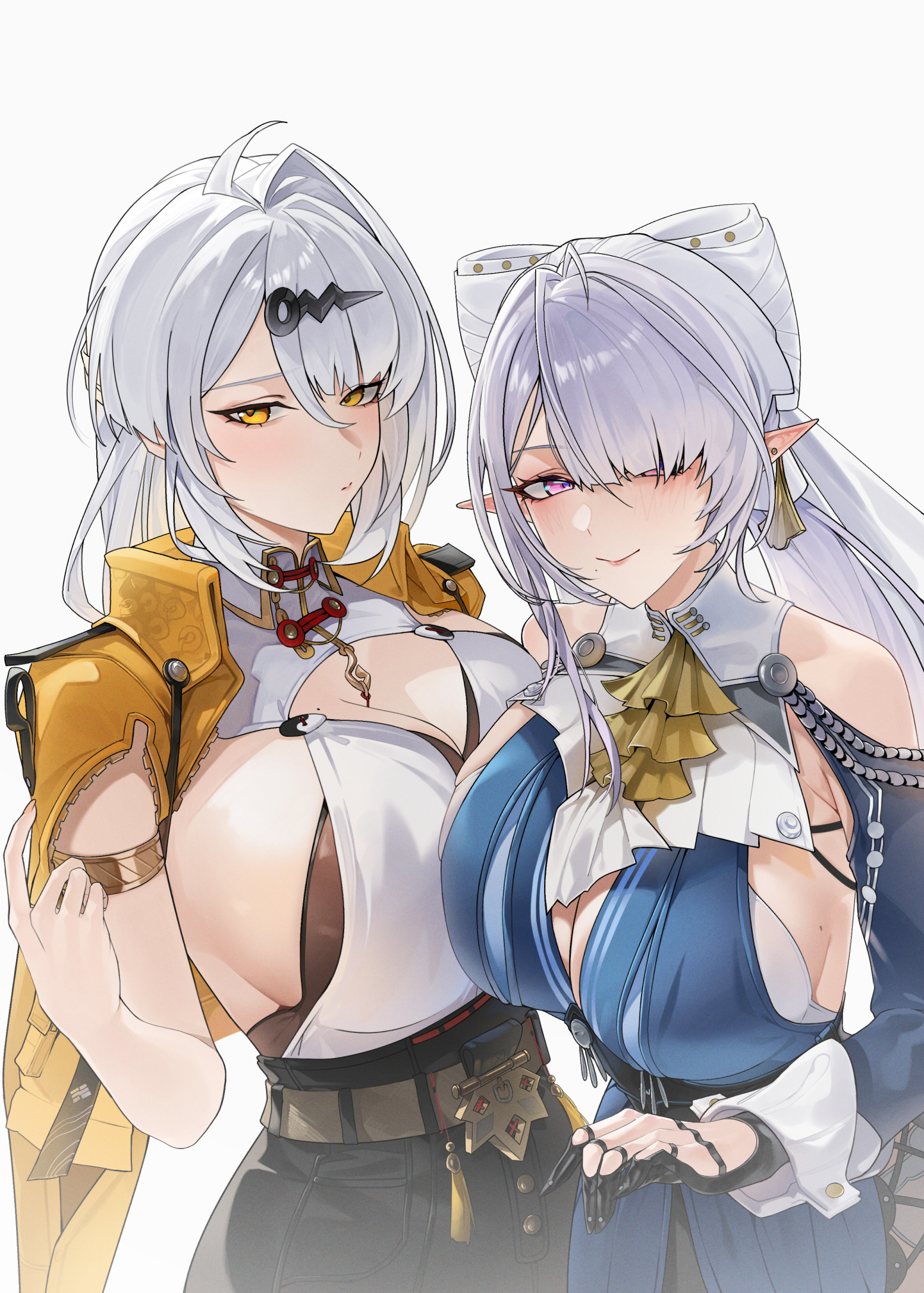 2girls, black shorts, blue dress, blush, breasts, commentary, dress, earrings, grey hair, hair ornament, hairclip, high-waist shorts, highres, jacket, jewelry, large breasts, leo795, long hair, looking at viewer, multiple girls, pointy ears, purple eyes, shorts, sideboob, smile, upper body, velina airgid, white background, yellow eyes, yellow jacket, yixuan (zenless zone zero), zenless zone zero