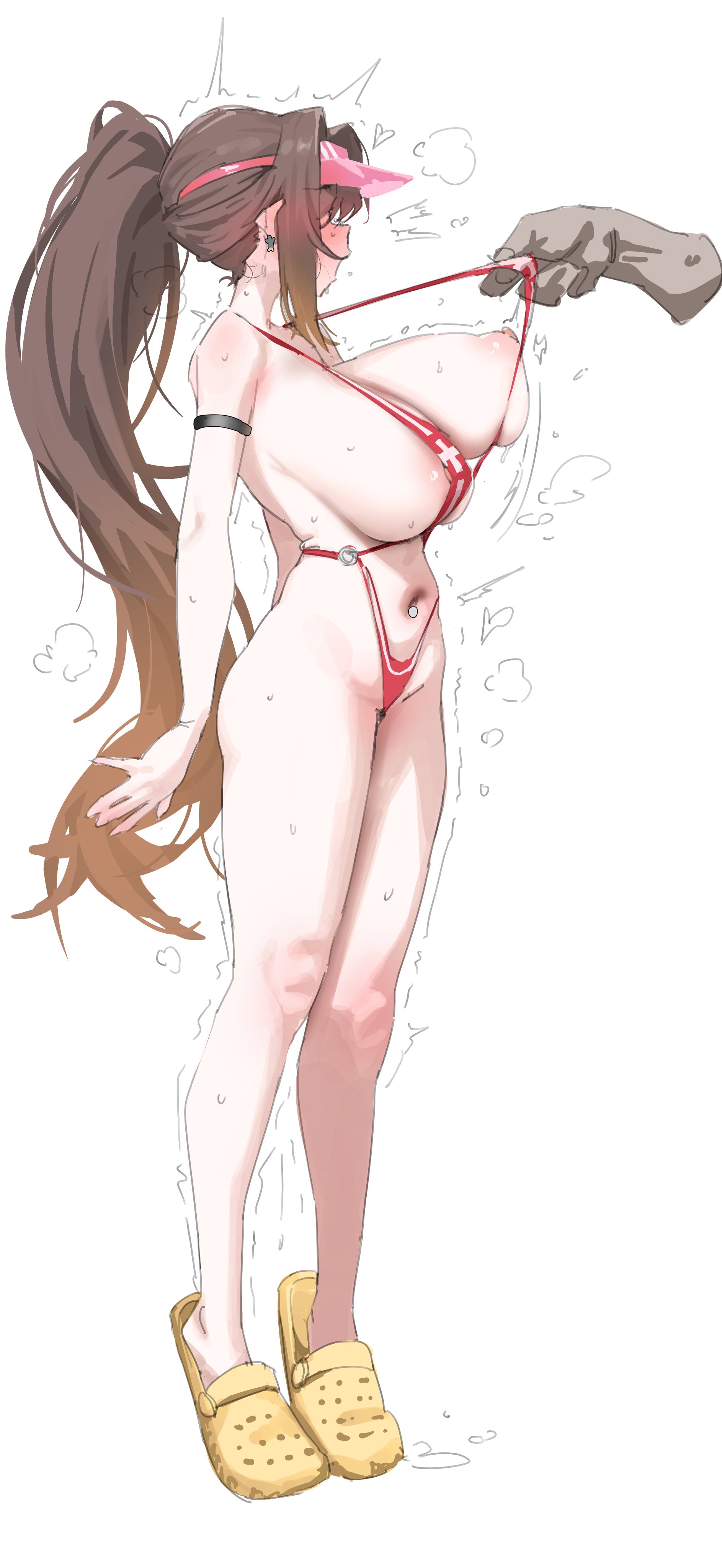 female, goddess of victory: nikke, huge breasts, marciana (marine study) (nikke), marciana (nikke), rashford, shocked, sling bikini, surprised expression, visor cap, wardrobe malfunction